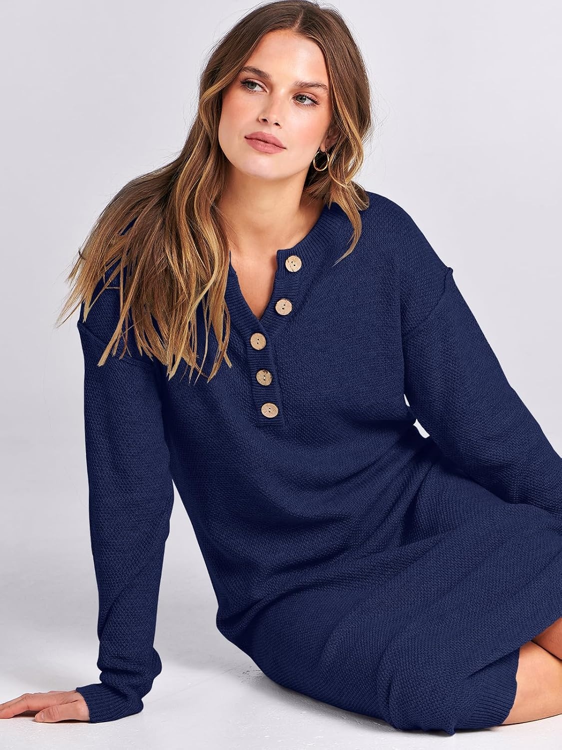 image:imageANRABESS Women Fall Long Sleeve Waffle Knit Midi Sweater DressNavy Blue