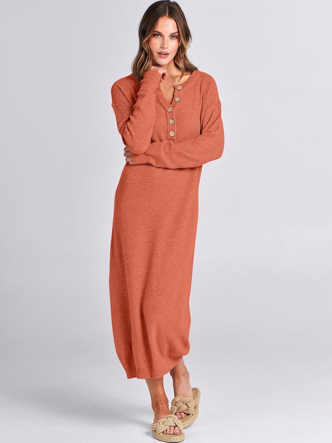 image:imageANRABESS Women Fall Long Sleeve Waffle Knit Midi Sweater DressOrange