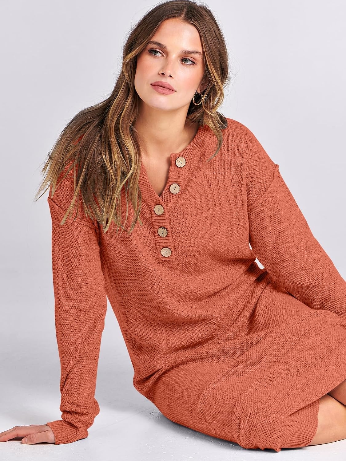 image:imageANRABESS Women Fall Long Sleeve Waffle Knit Midi Sweater DressOrange