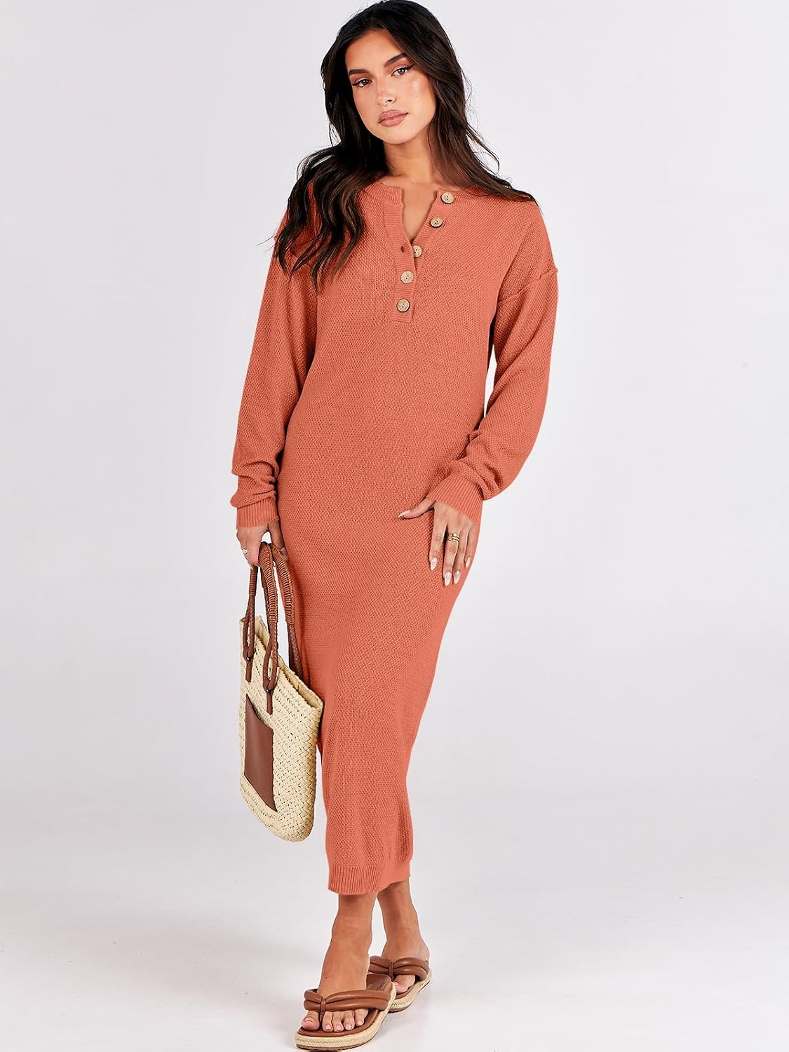 image:imageANRABESS Women Fall Long Sleeve Waffle Knit Midi Sweater DressOrange