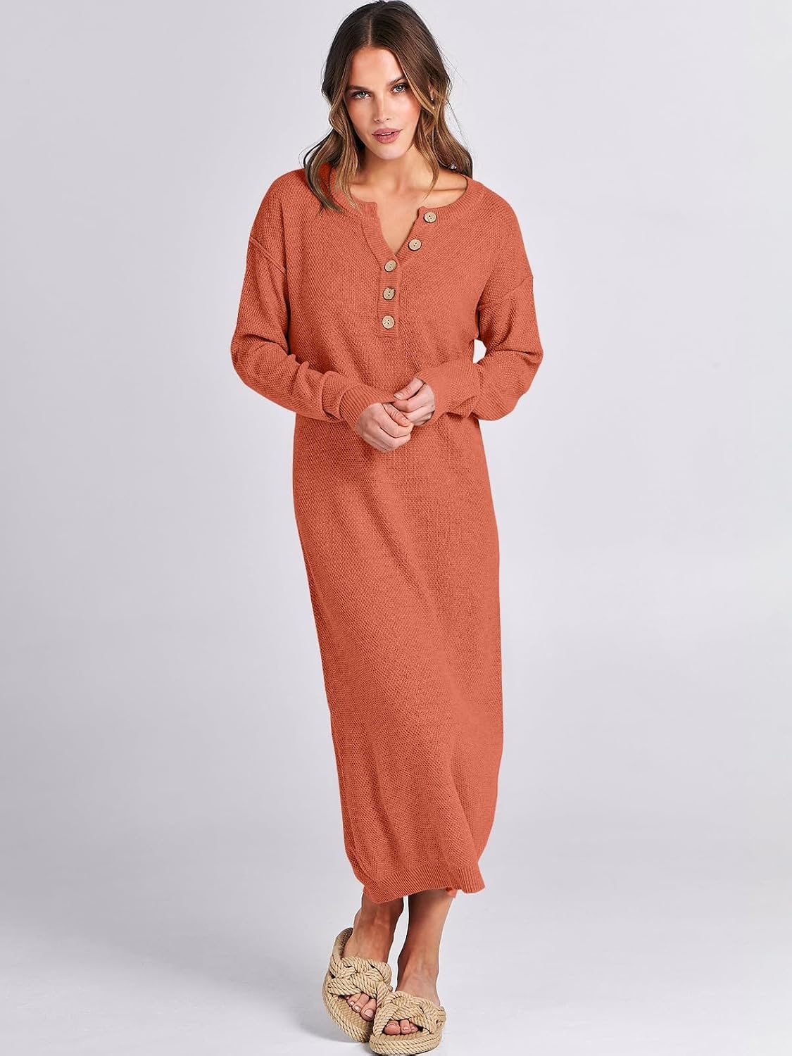 image:imageANRABESS Women Fall Long Sleeve Waffle Knit Midi Sweater DressOrange