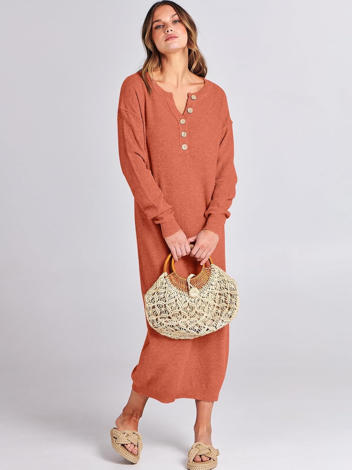 image:imageANRABESS Women Fall Long Sleeve Waffle Knit Midi Sweater DressOrange