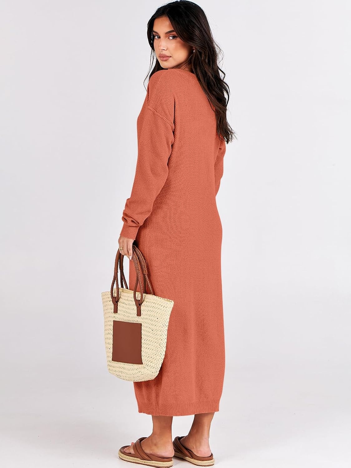 image:imageANRABESS Women Fall Long Sleeve Waffle Knit Midi Sweater DressOrange