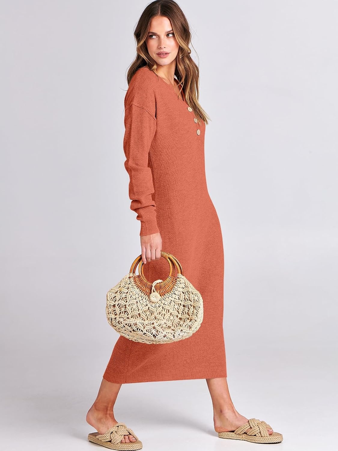 image:imageANRABESS Women Fall Long Sleeve Waffle Knit Midi Sweater DressOrange