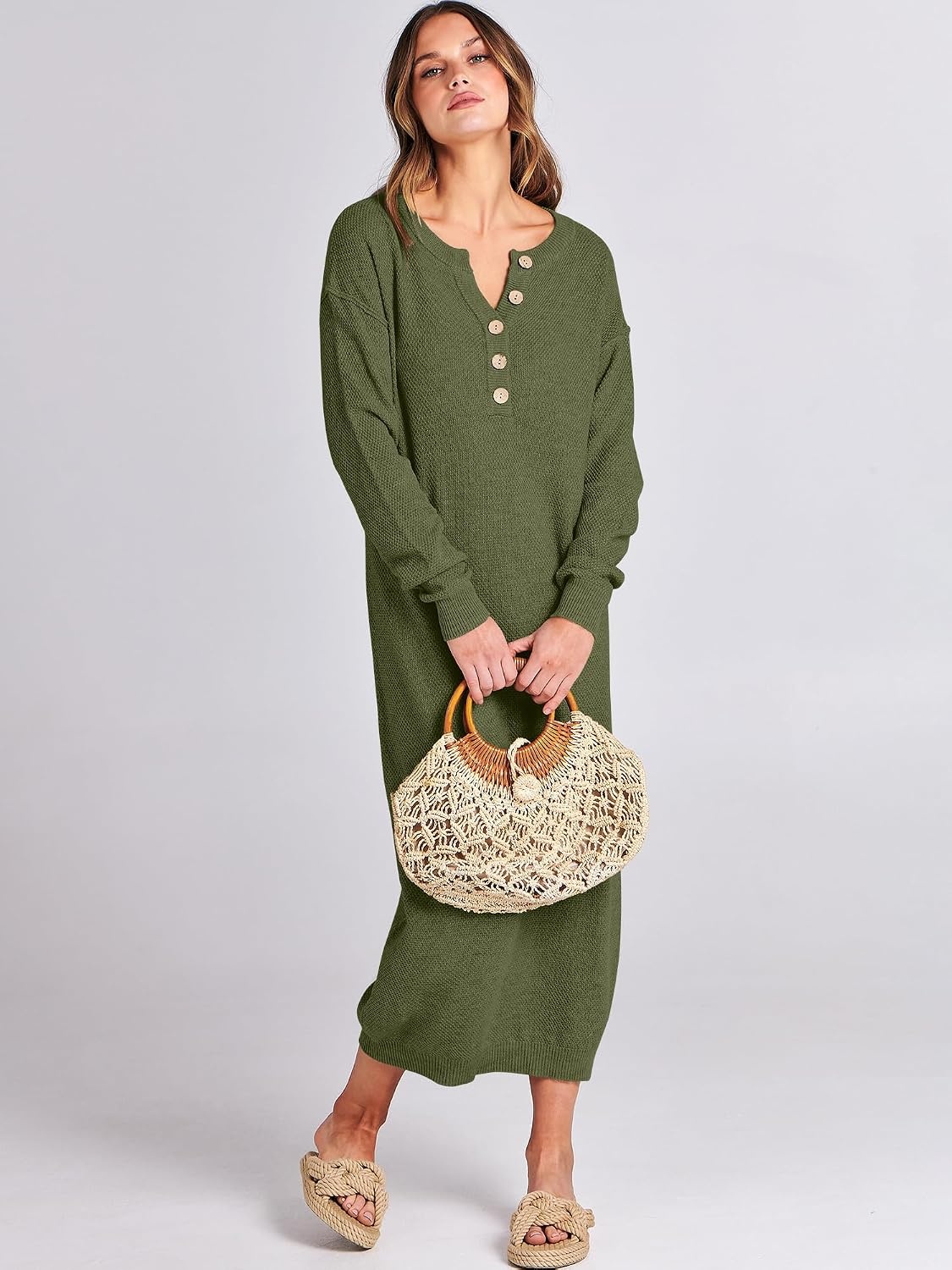 image:imageANRABESS Women Fall Long Sleeve Waffle Knit Midi Sweater DressPea Green
