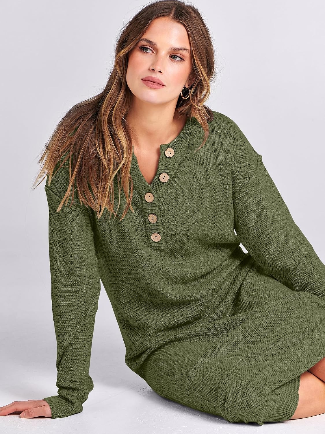 image:imageANRABESS Women Fall Long Sleeve Waffle Knit Midi Sweater DressPea Green