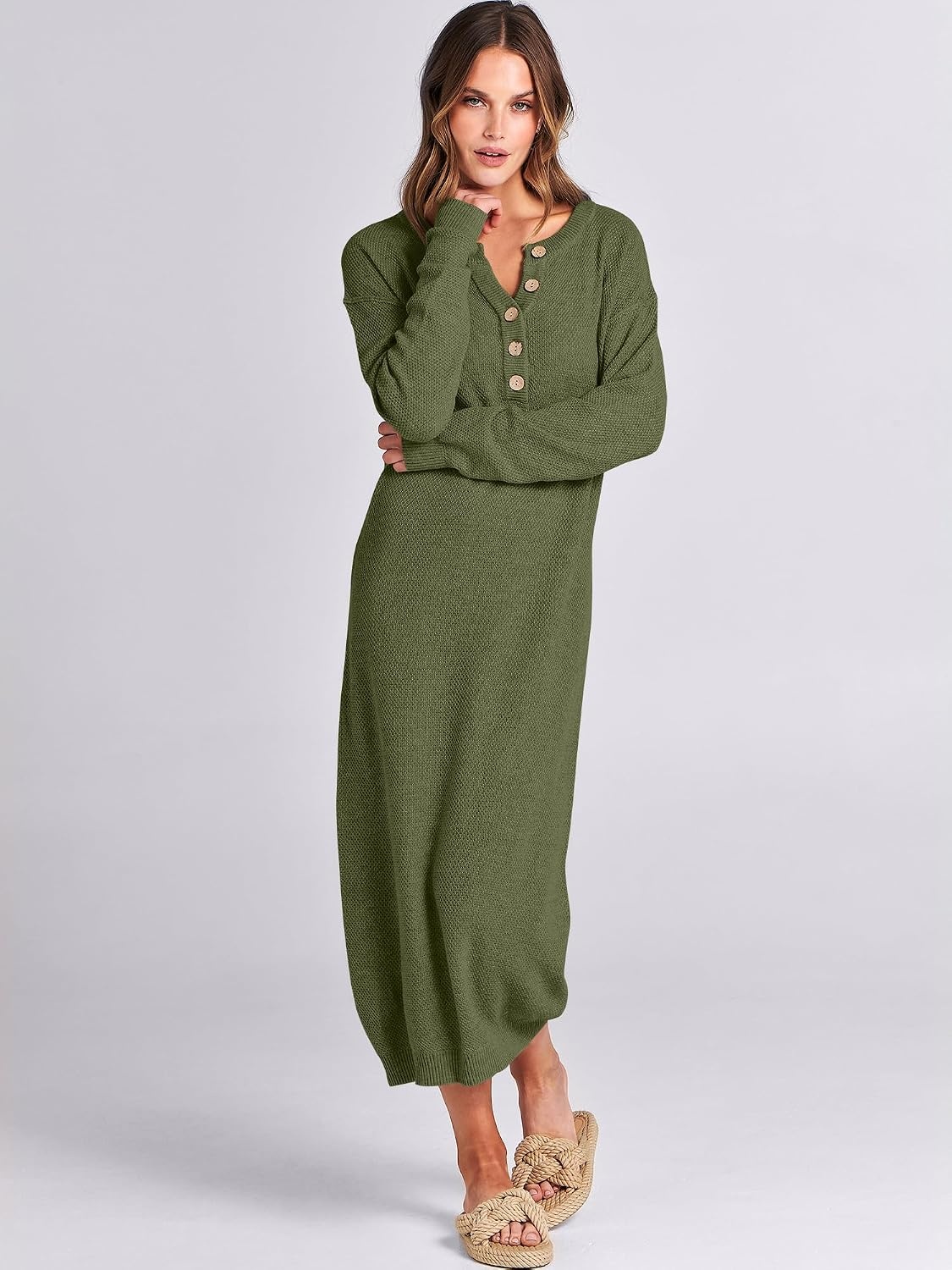 image:imageANRABESS Women Fall Long Sleeve Waffle Knit Midi Sweater DressPea Green