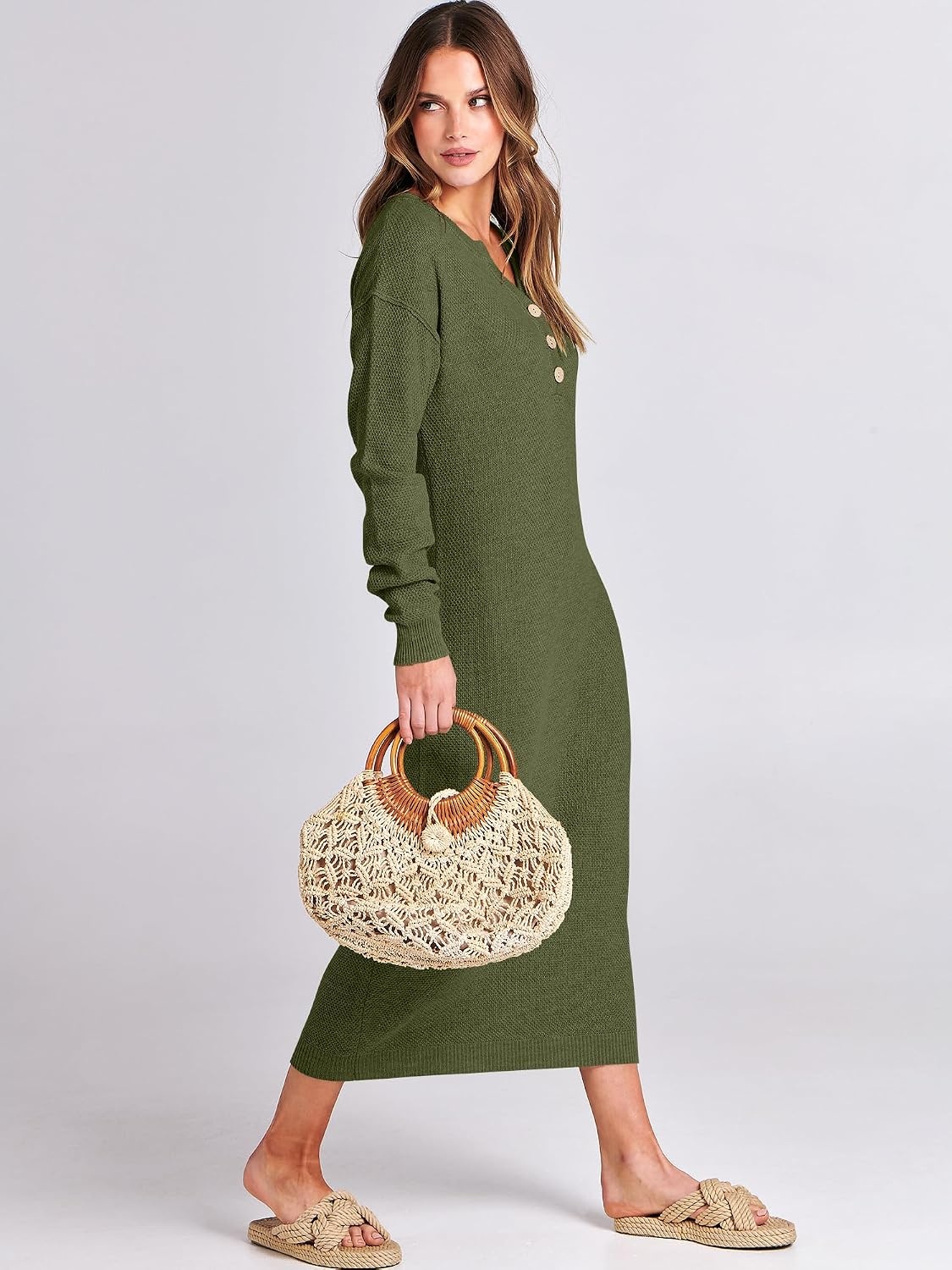 image:imageANRABESS Women Fall Long Sleeve Waffle Knit Midi Sweater DressPea Green