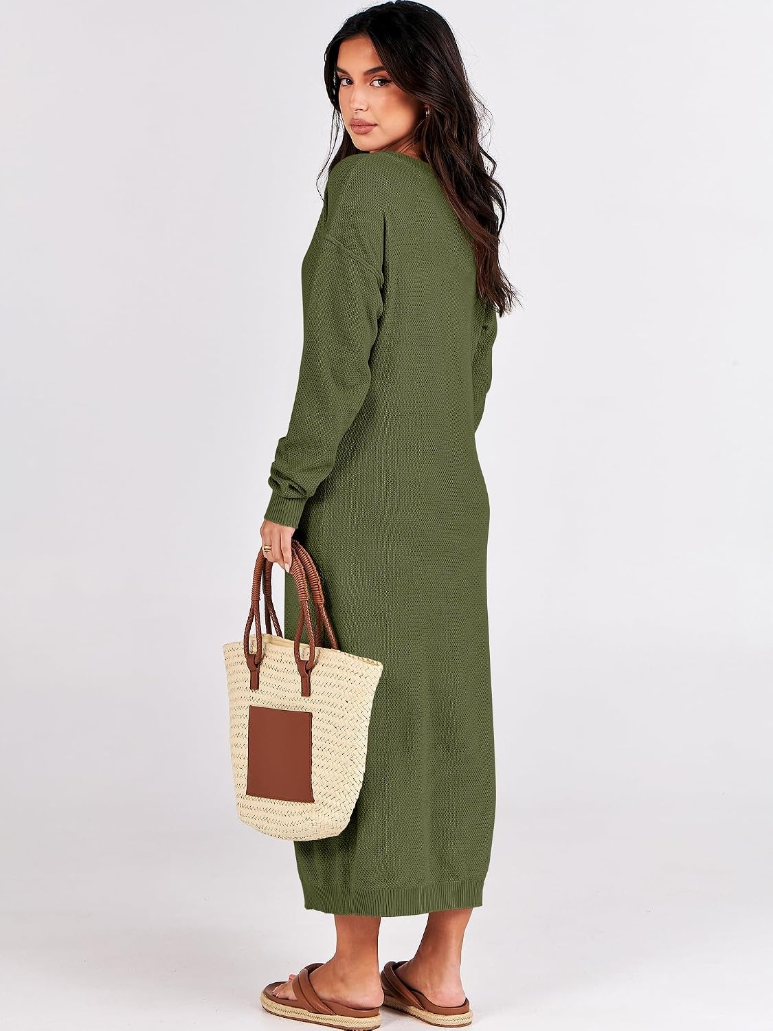 image:imageANRABESS Women Fall Long Sleeve Waffle Knit Midi Sweater DressPea Green