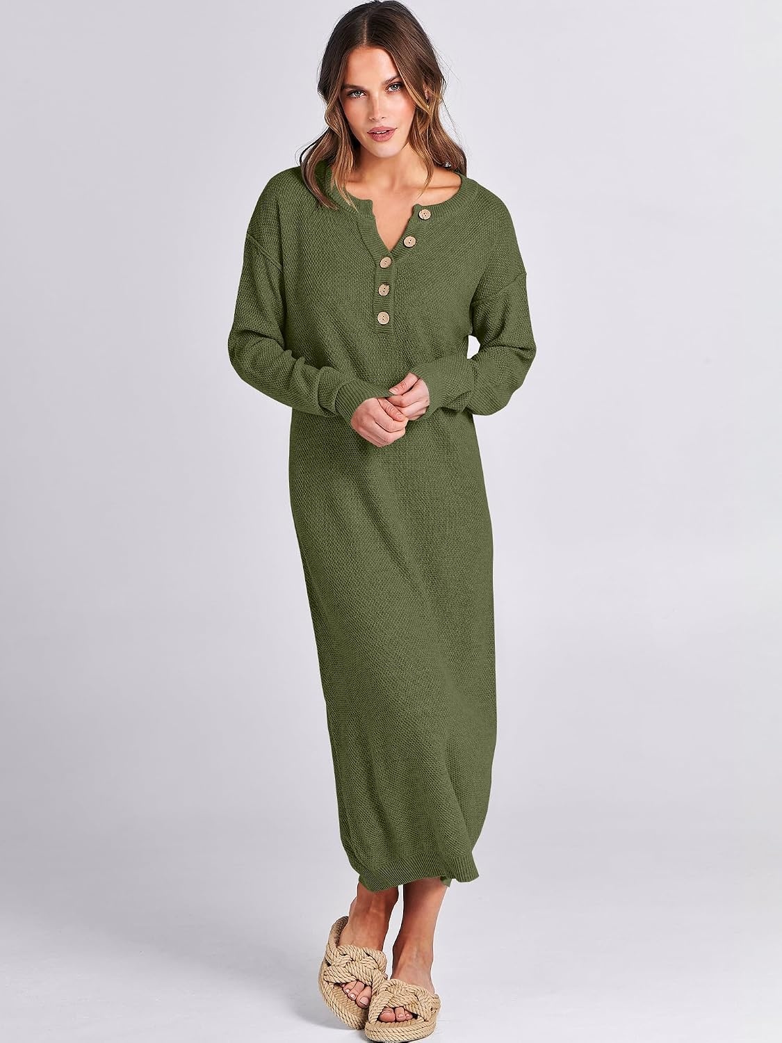 image:imageANRABESS Women Fall Long Sleeve Waffle Knit Midi Sweater DressPea Green