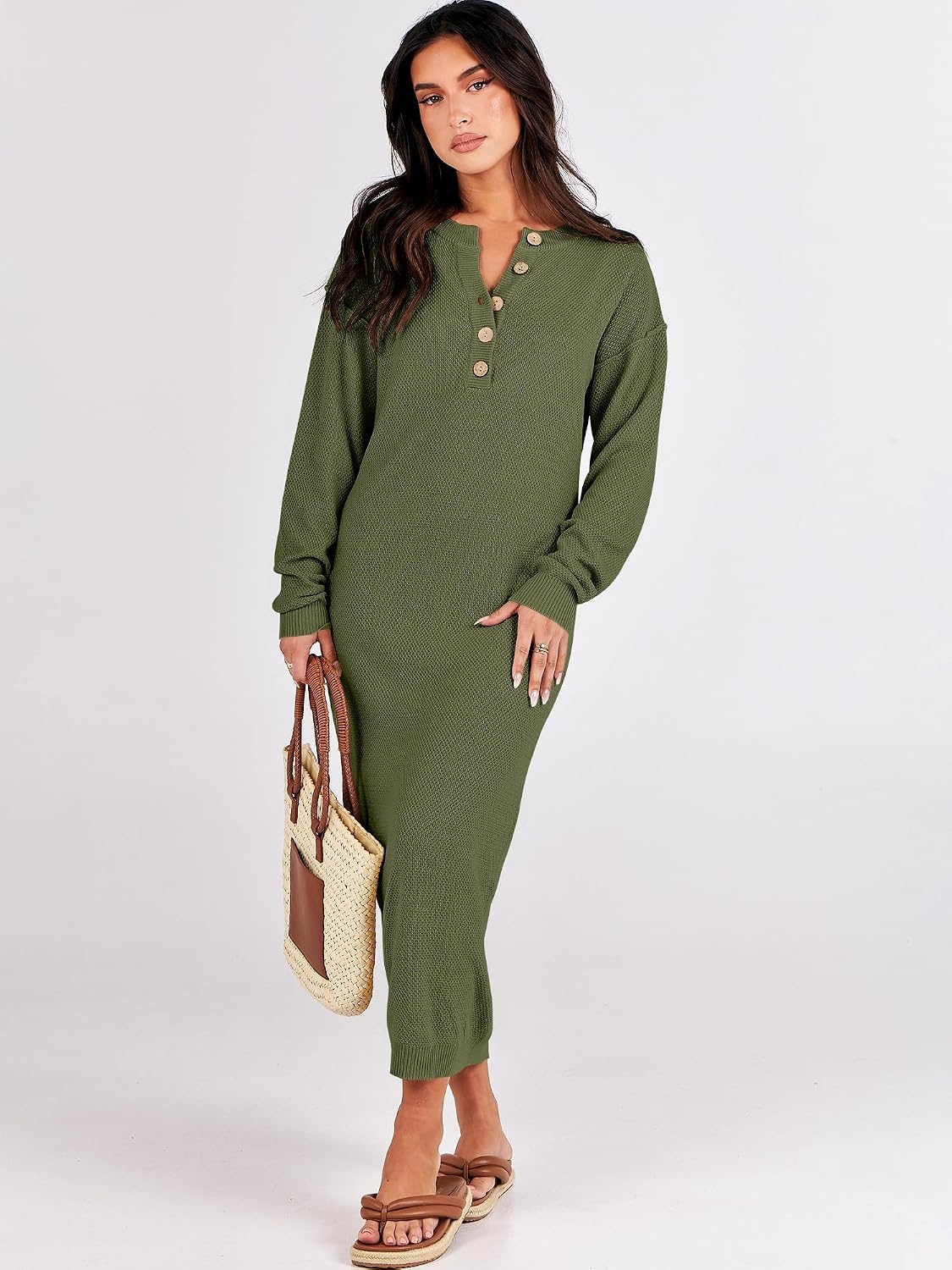 image:imageANRABESS Women Fall Long Sleeve Waffle Knit Midi Sweater DressPea Green