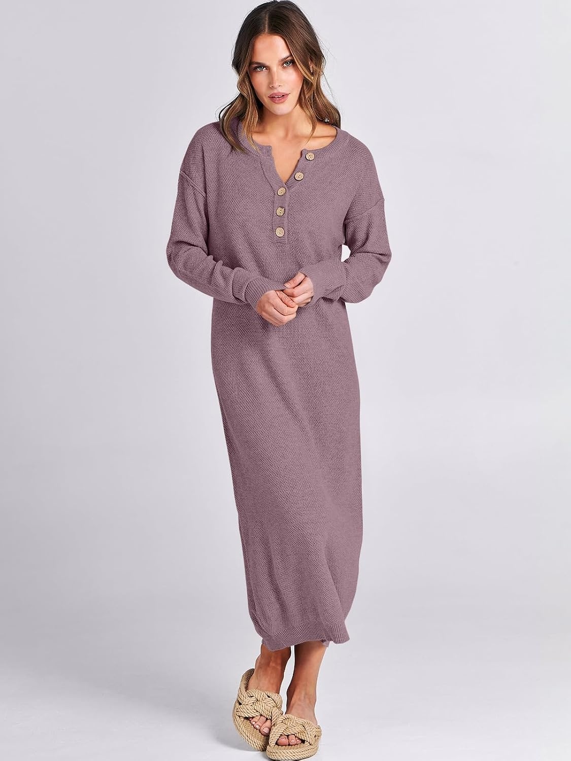 image:imageANRABESS Women Fall Long Sleeve Waffle Knit Midi Sweater DressRed Apricot