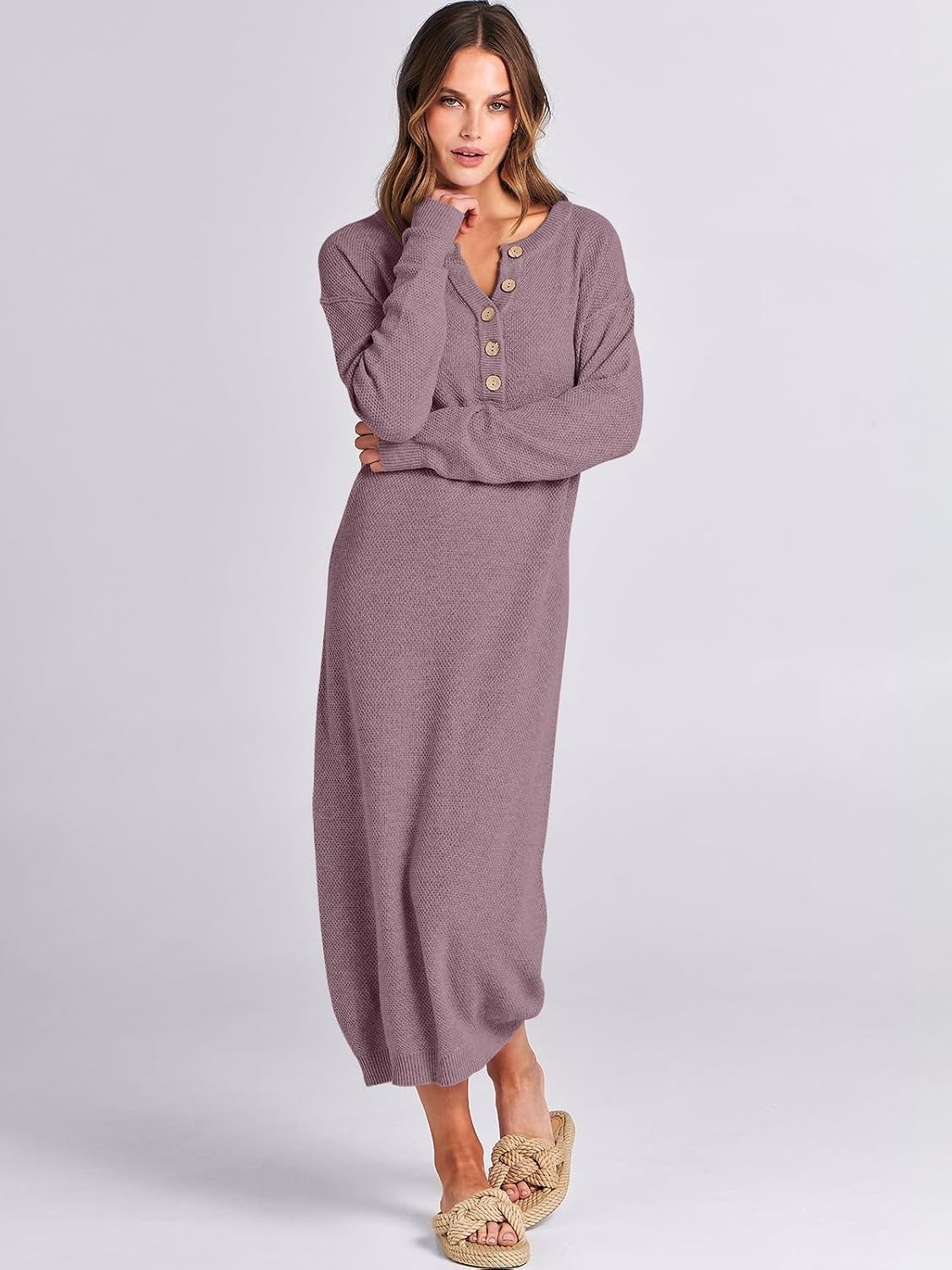 image:imageANRABESS Women Fall Long Sleeve Waffle Knit Midi Sweater DressRed Apricot