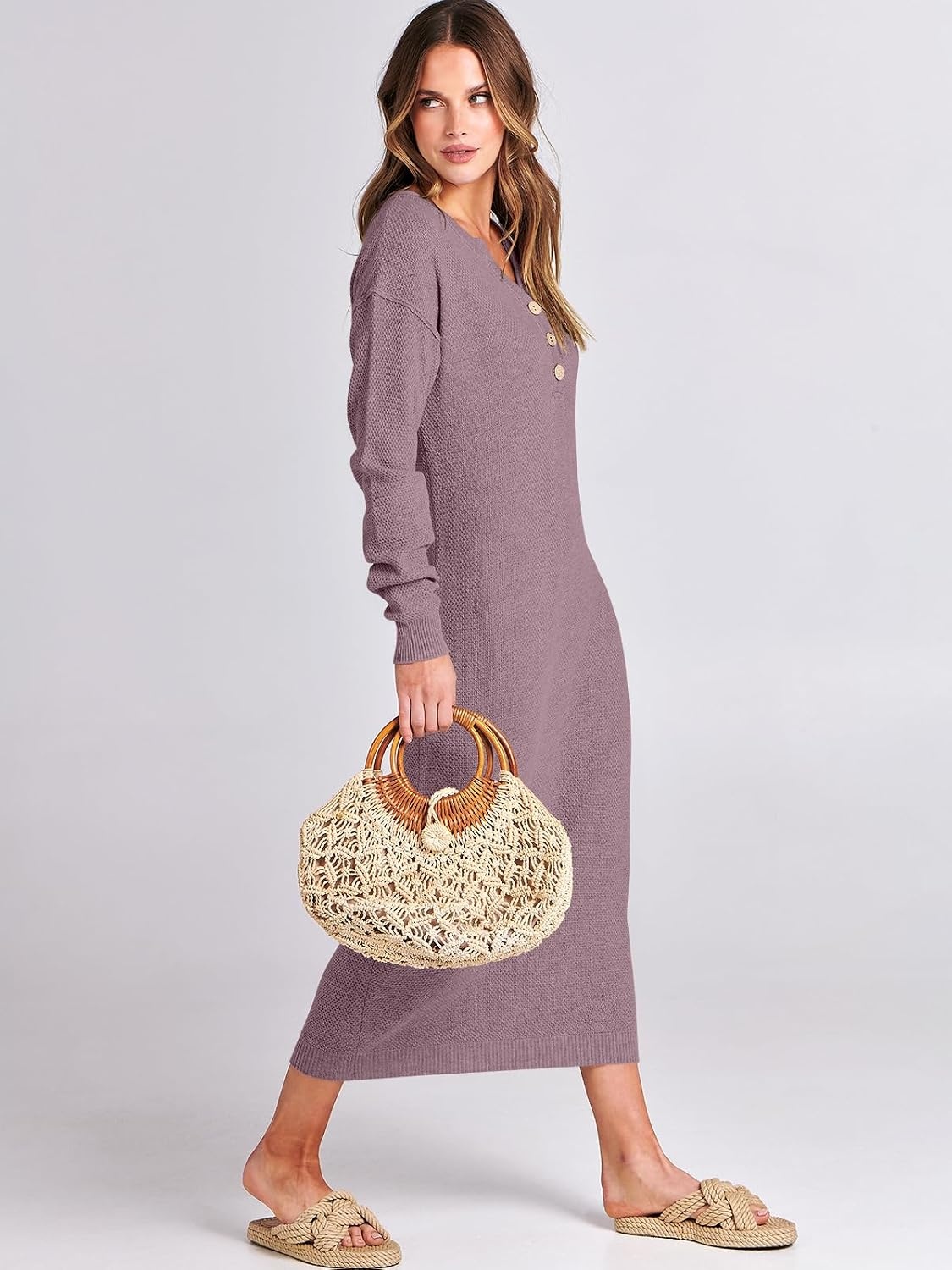 image:imageANRABESS Women Fall Long Sleeve Waffle Knit Midi Sweater DressRed Apricot
