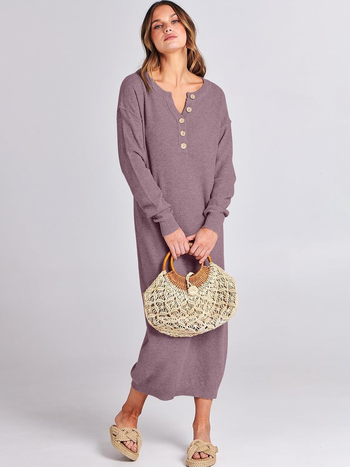 image:imageANRABESS Women Fall Long Sleeve Waffle Knit Midi Sweater DressRed Apricot