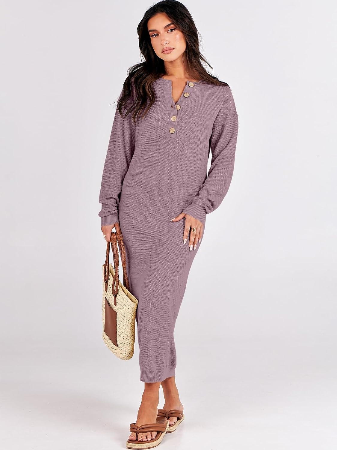 image:imageANRABESS Women Fall Long Sleeve Waffle Knit Midi Sweater DressRed Apricot