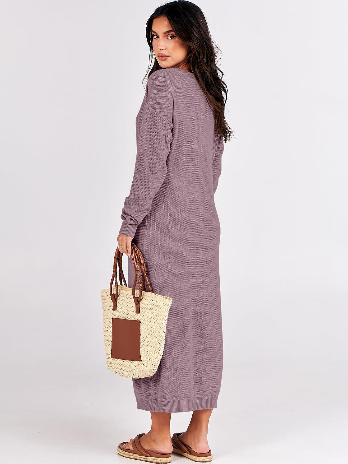 image:imageANRABESS Women Fall Long Sleeve Waffle Knit Midi Sweater DressRed Apricot