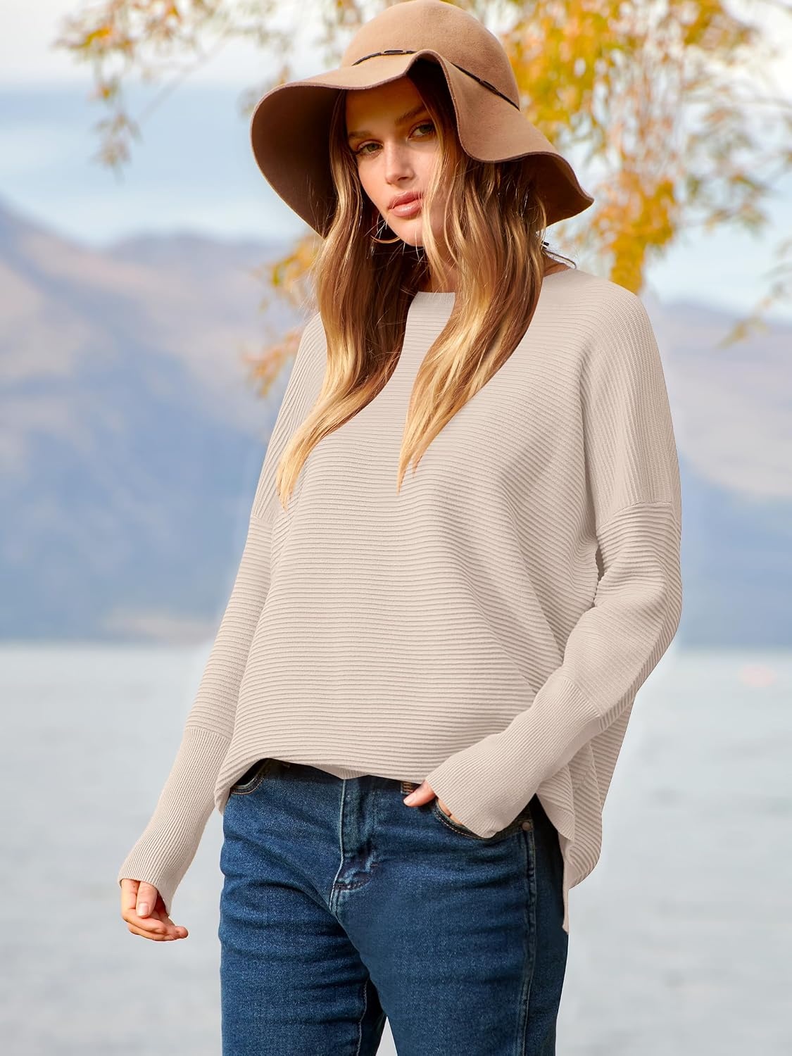 image:imageANRABESS Women Fall Oversized Long Batwing Sleeve Ribbed SweatersAlmond