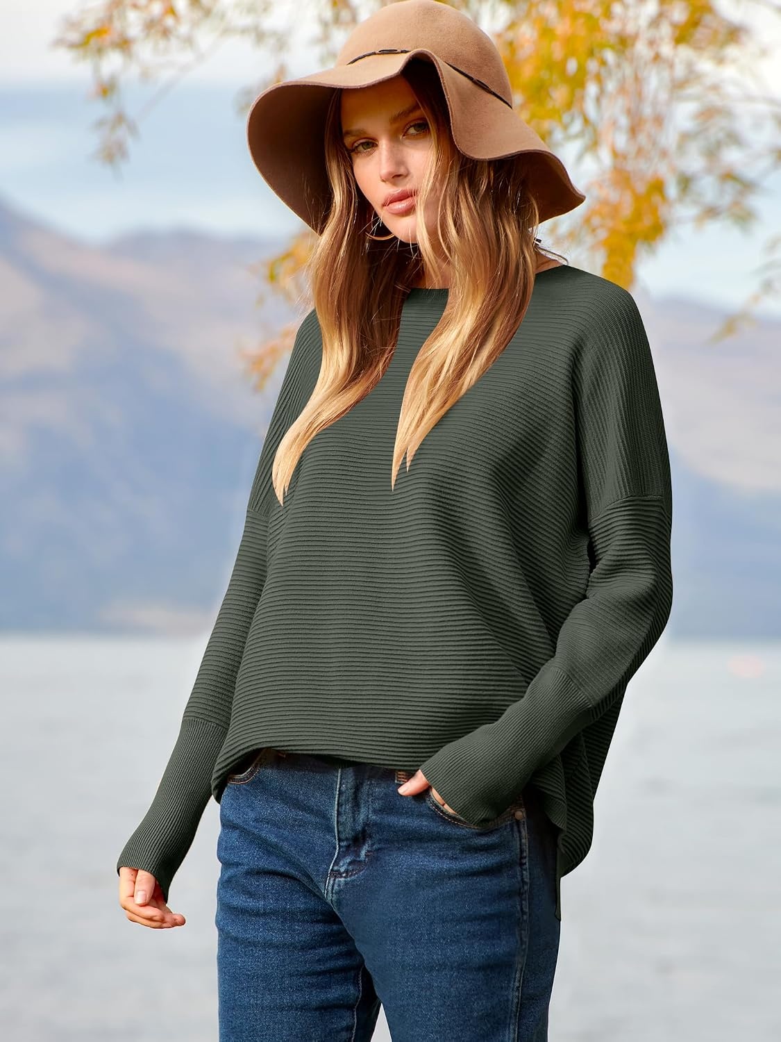image:imageANRABESS Women Fall Oversized Long Batwing Sleeve Ribbed SweatersArmy Green