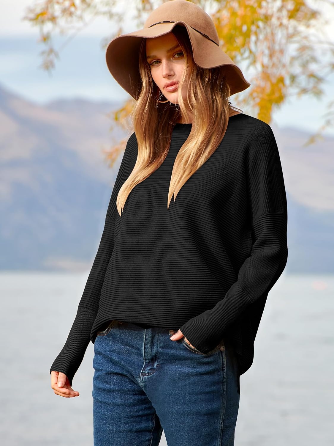 image:imageANRABESS Women Fall Oversized Long Batwing Sleeve Ribbed SweatersBlack