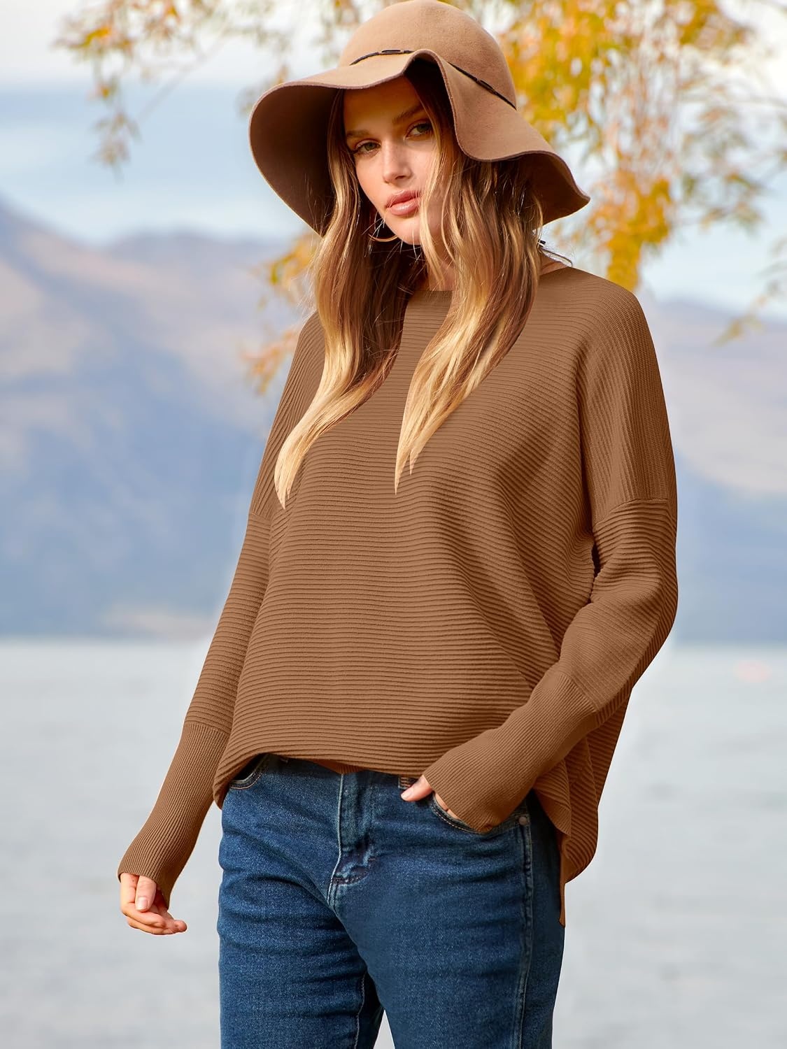 image:imageANRABESS Women Fall Oversized Long Batwing Sleeve Ribbed SweatersCamel