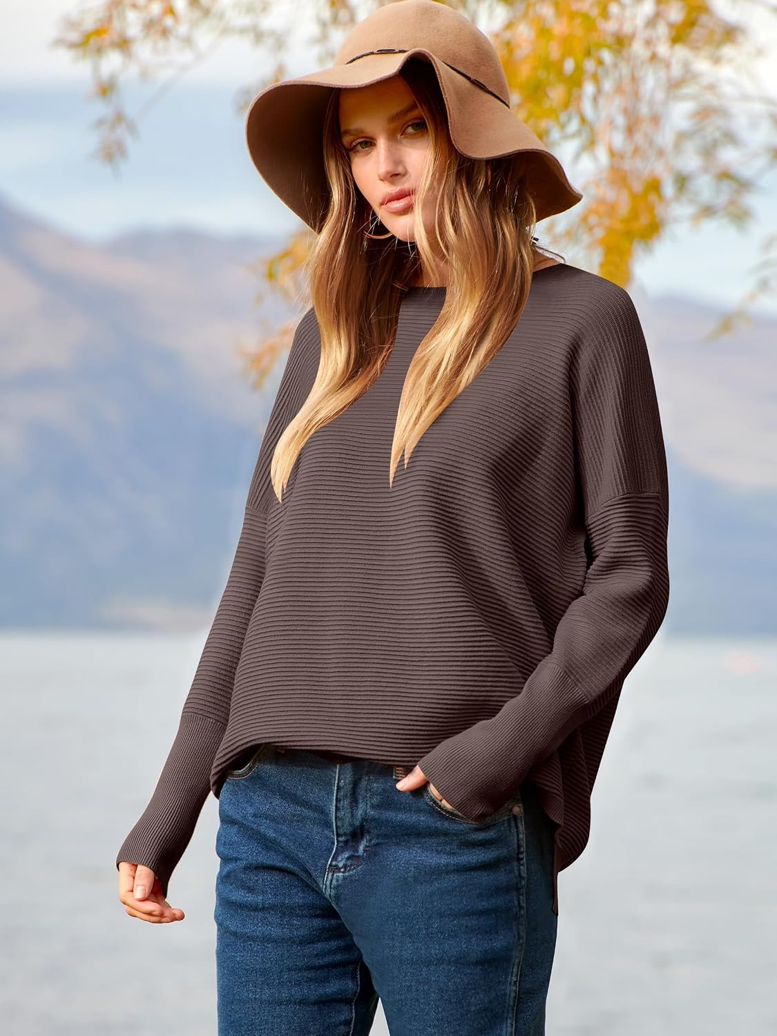 image:imageANRABESS Women Fall Oversized Long Batwing Sleeve Ribbed SweatersCoffee