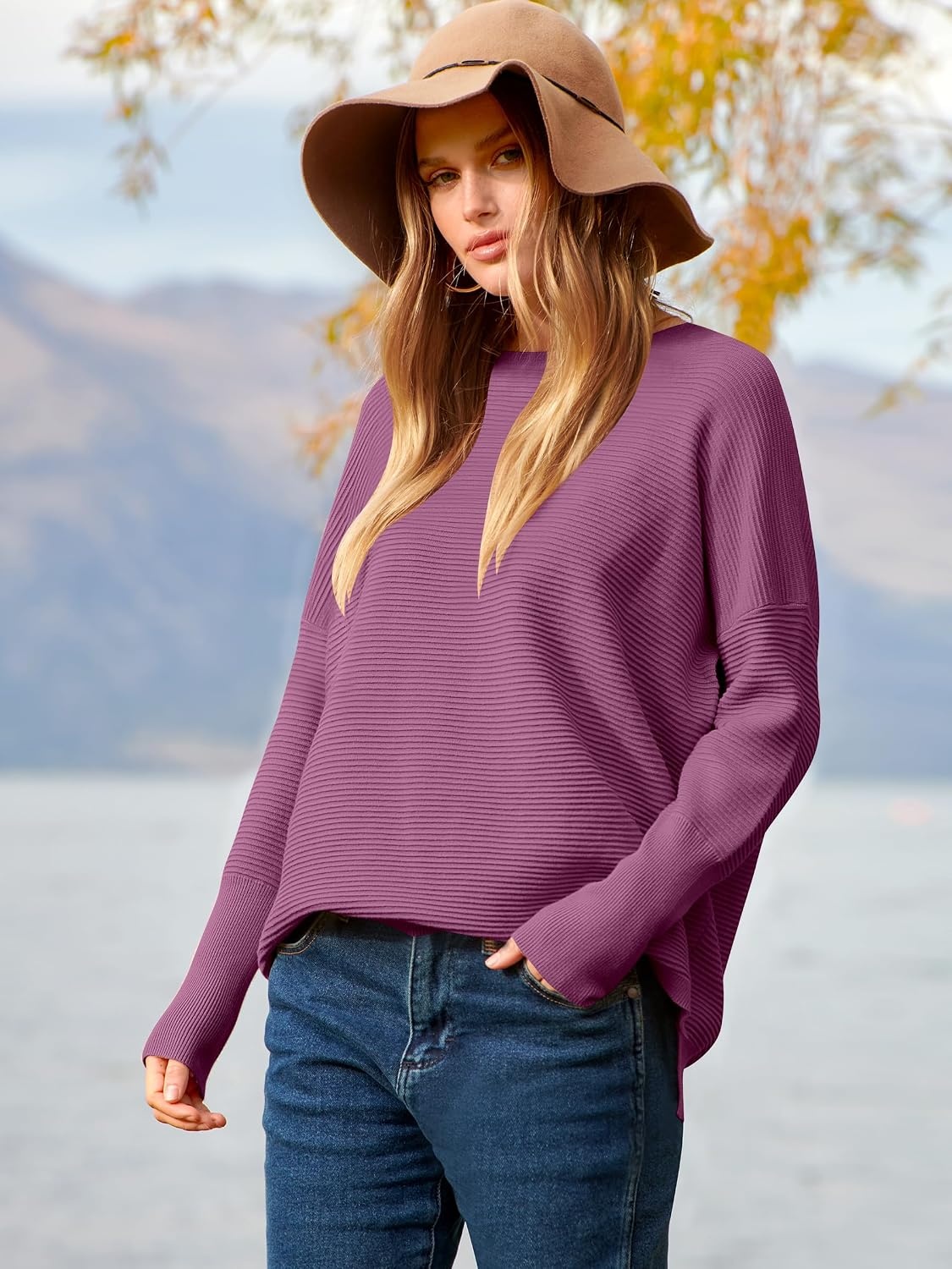 image:imageANRABESS Women Fall Oversized Long Batwing Sleeve Ribbed SweatersDeep Purple