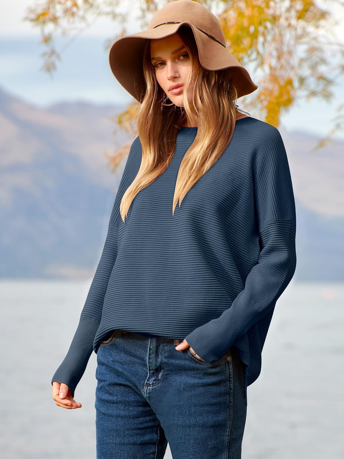 image:imageANRABESS Women Fall Oversized Long Batwing Sleeve Ribbed SweatersDusty Blue