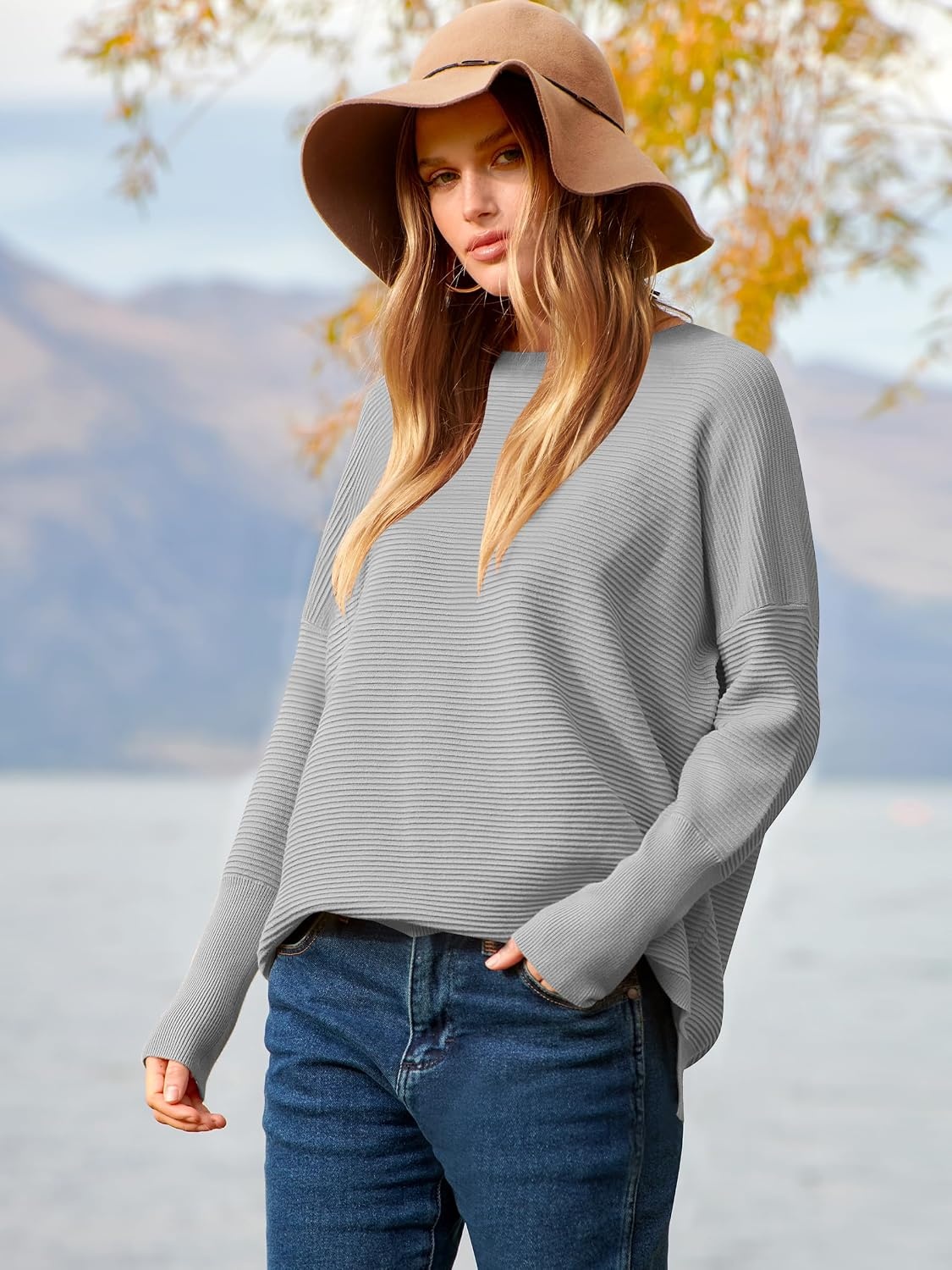 image:imageANRABESS Women Fall Oversized Long Batwing Sleeve Ribbed SweatersGray