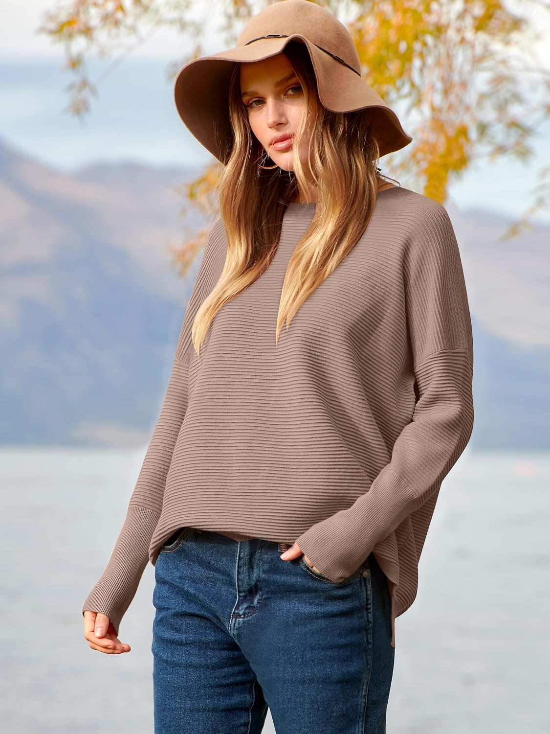image:imageANRABESS Women Fall Oversized Long Batwing Sleeve Ribbed SweatersKhaki