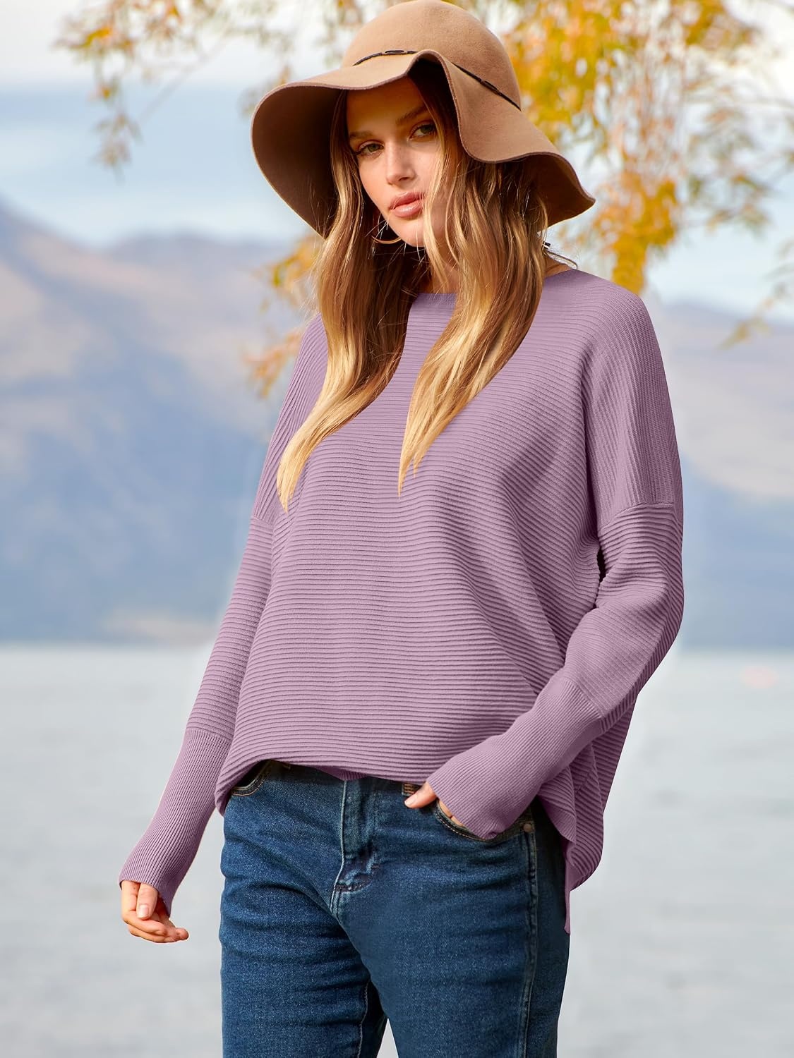 image:imageANRABESS Women Fall Oversized Long Batwing Sleeve Ribbed SweatersLight Purple