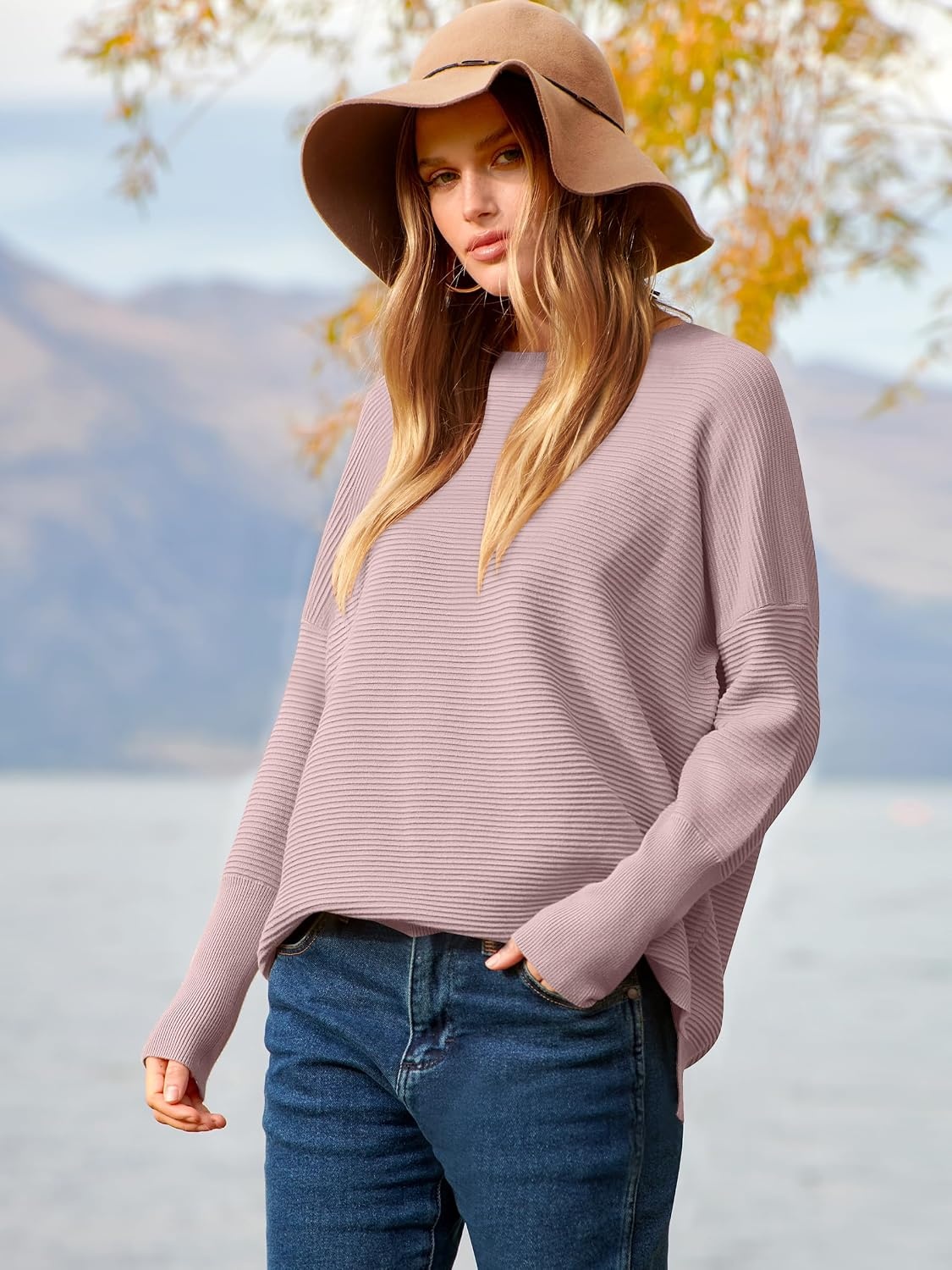 image:imageANRABESS Women Fall Oversized Long Batwing Sleeve Ribbed SweatersPink