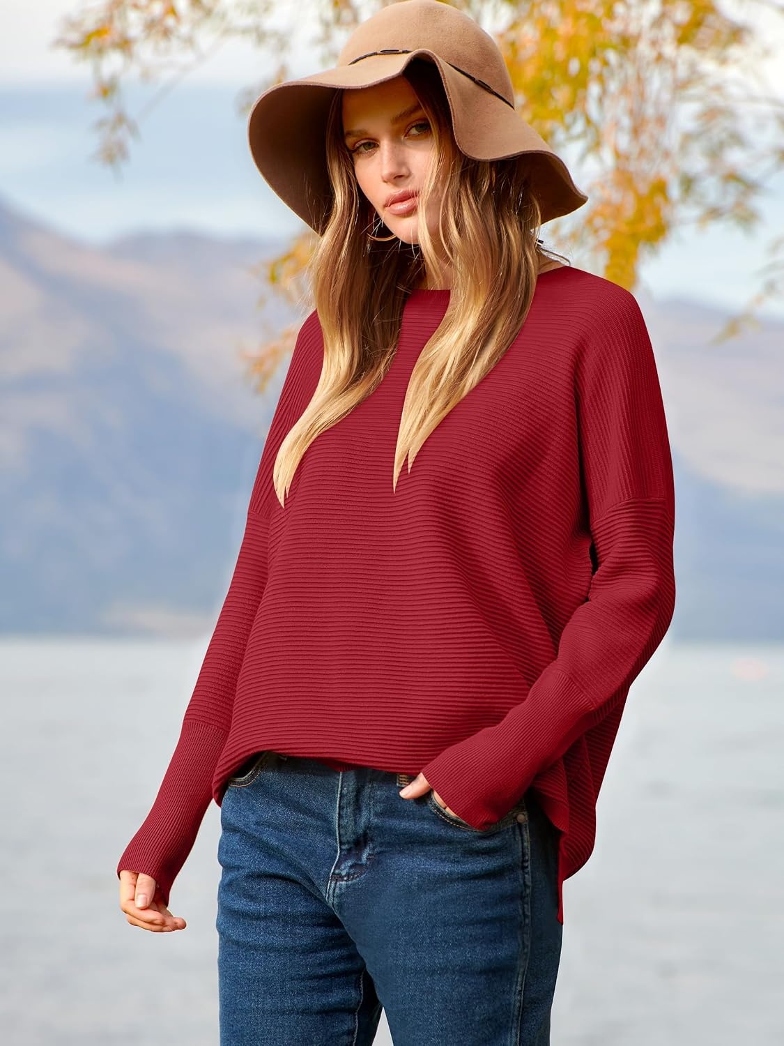 image:imageANRABESS Women Fall Oversized Long Batwing Sleeve Ribbed SweatersRed