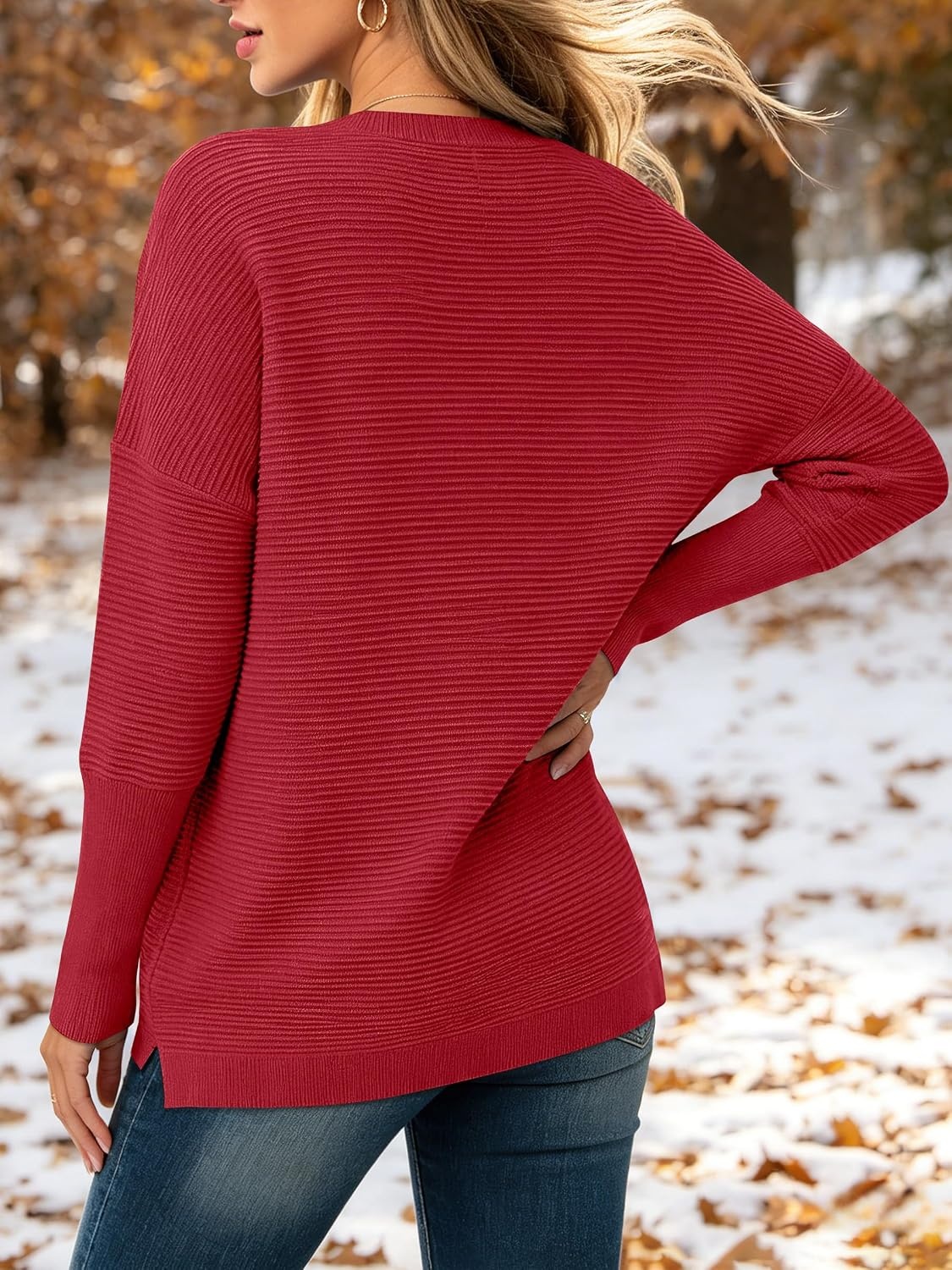 image:imageANRABESS Women Fall Oversized Long Batwing Sleeve Ribbed SweatersRed