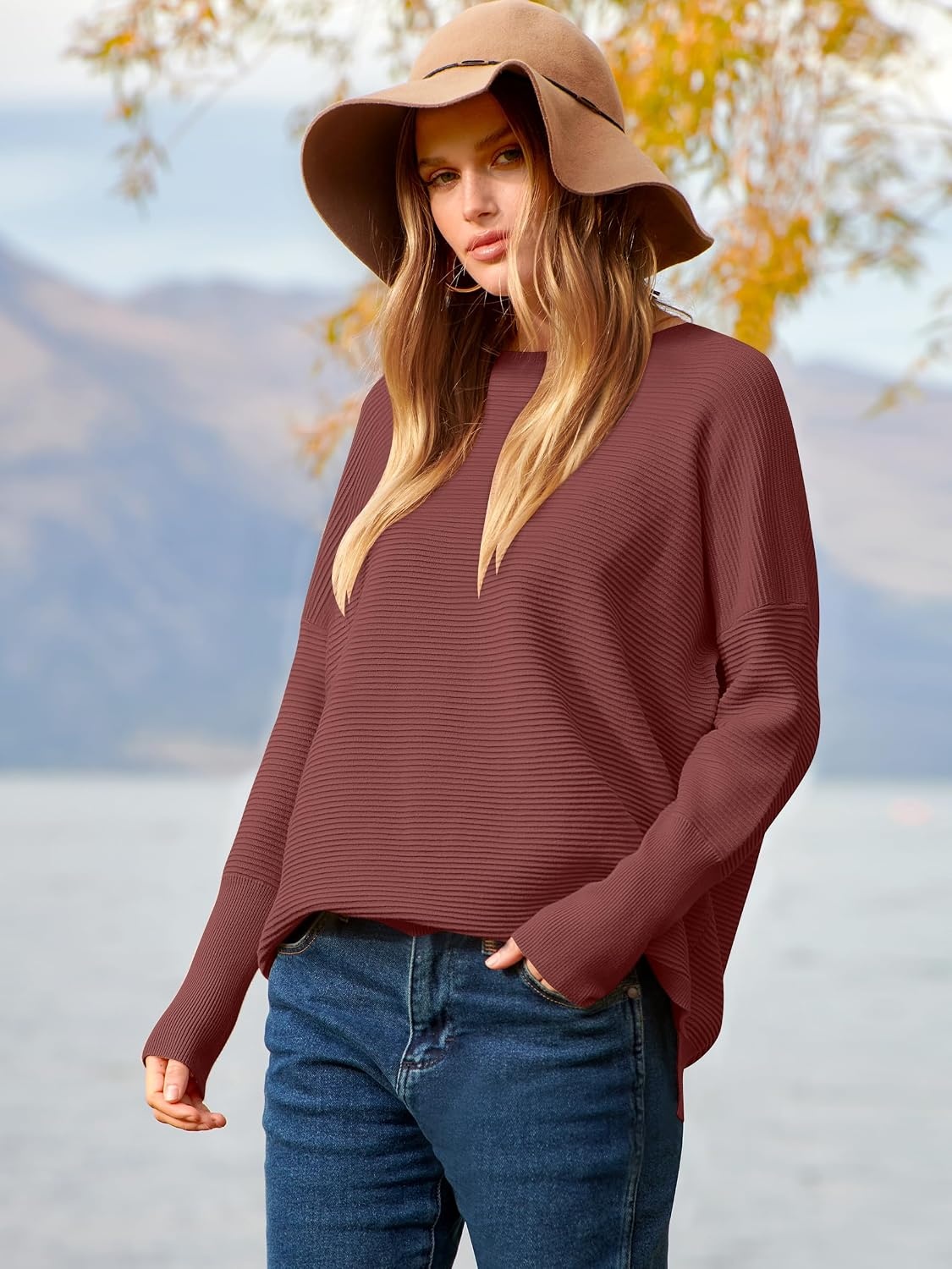 image:imageANRABESS Women Fall Oversized Long Batwing Sleeve Ribbed SweatersRust