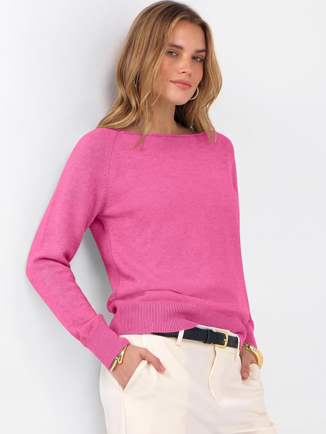 image:imageANRABESS Women Long Sleeve Rolled Neck Fall Lightweight Sweaters TopHot Pink