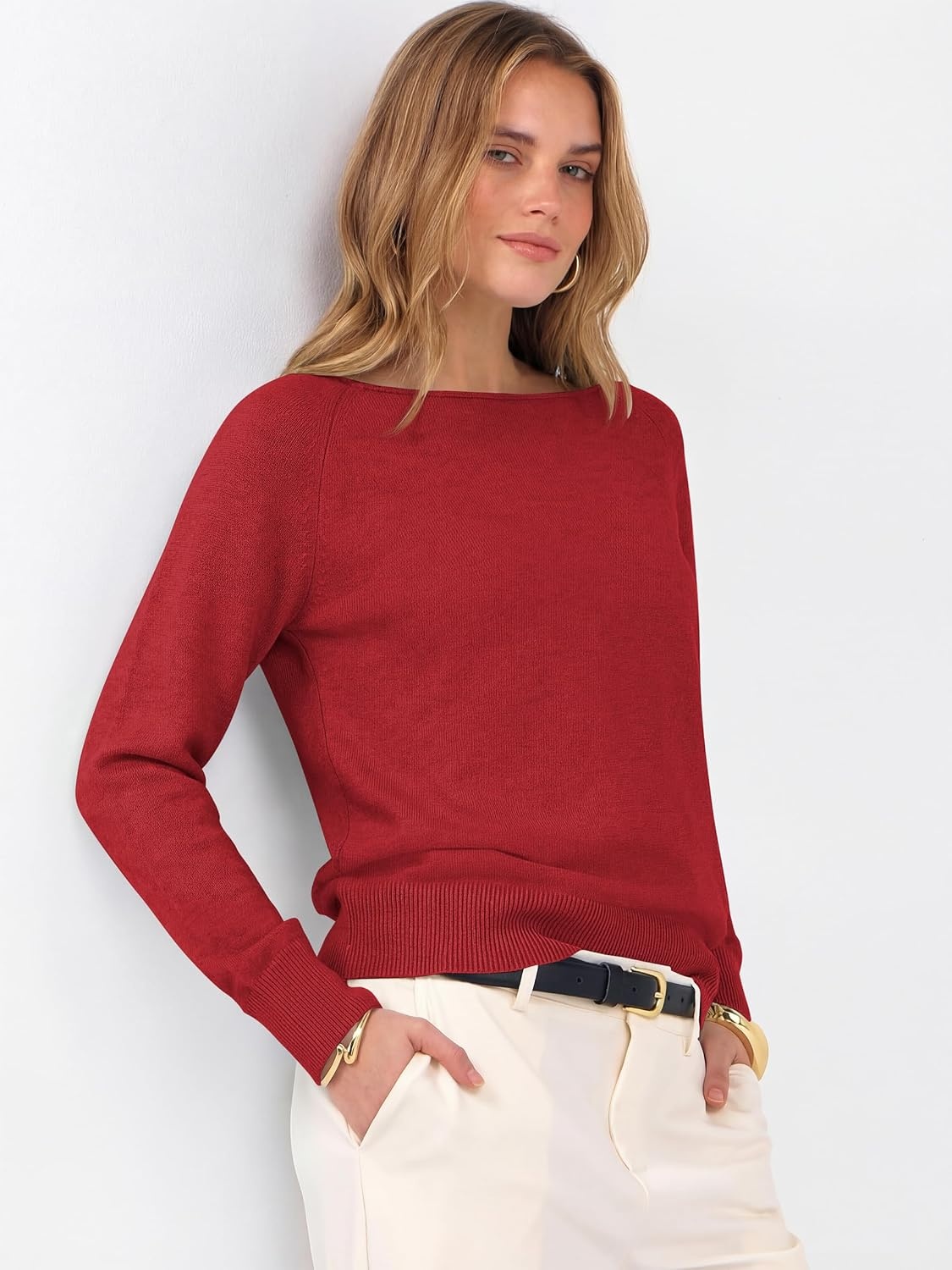 image:imageANRABESS Women Long Sleeve Rolled Neck Fall Lightweight Sweaters TopRed