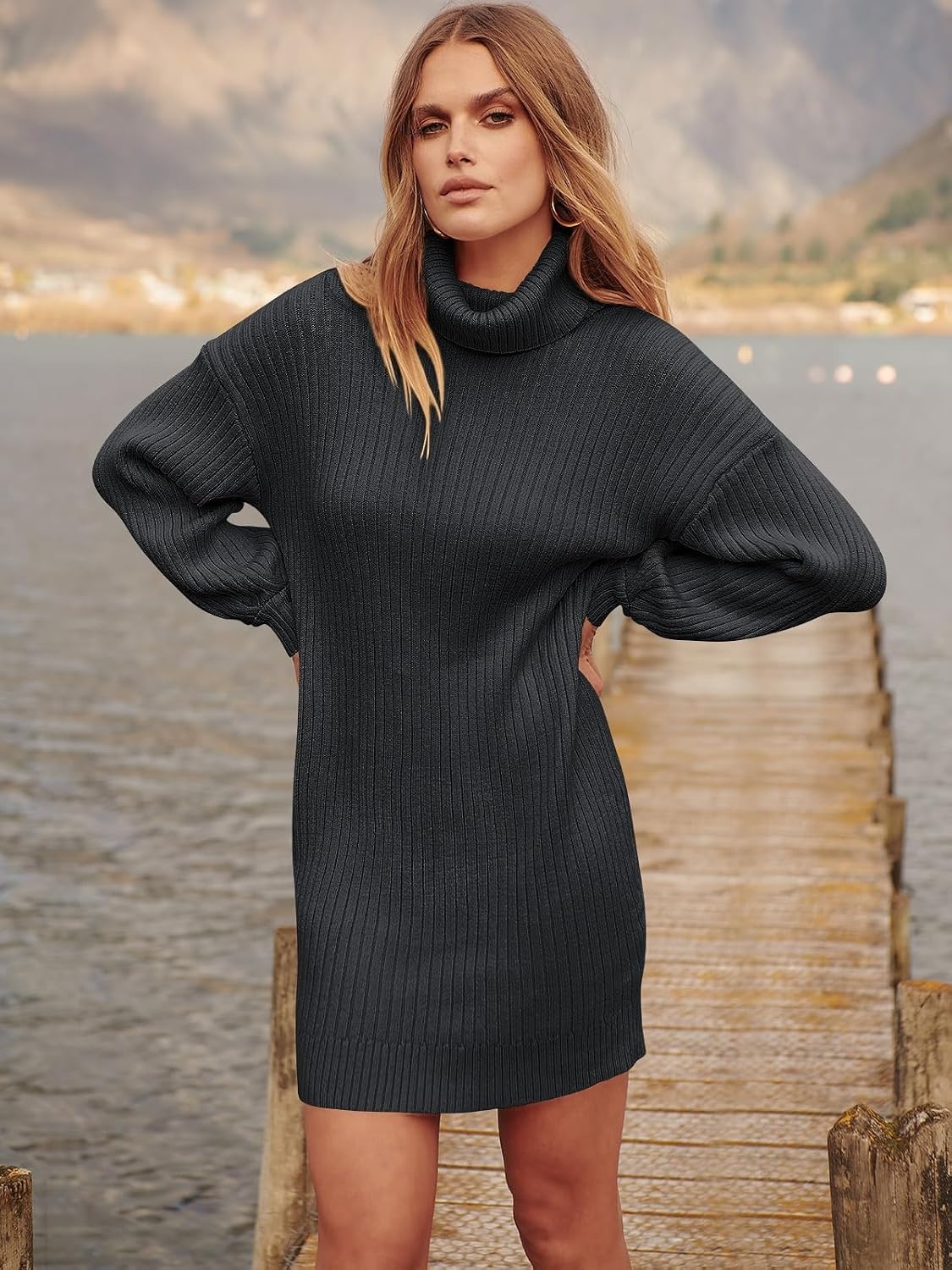 image:imageANRABESS Women Oversized Cowl Neck Fall Long Sleeve Sweater DressBlack