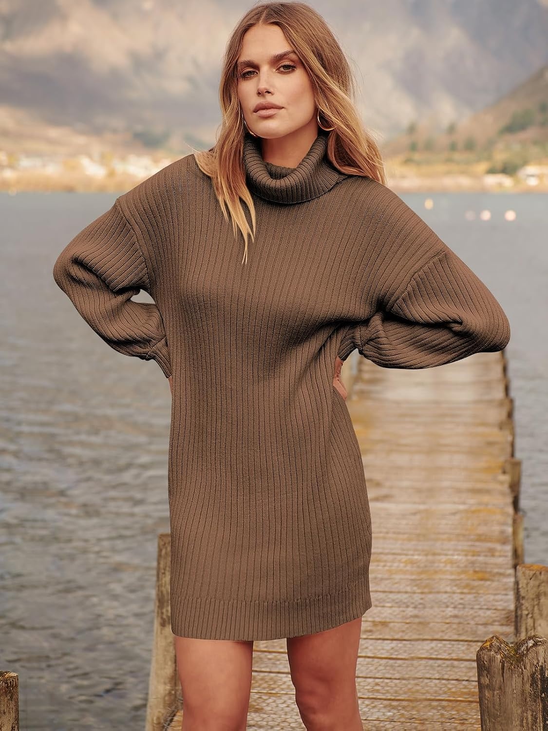image:imageANRABESS Women Oversized Cowl Neck Fall Long Sleeve Sweater DressCamel