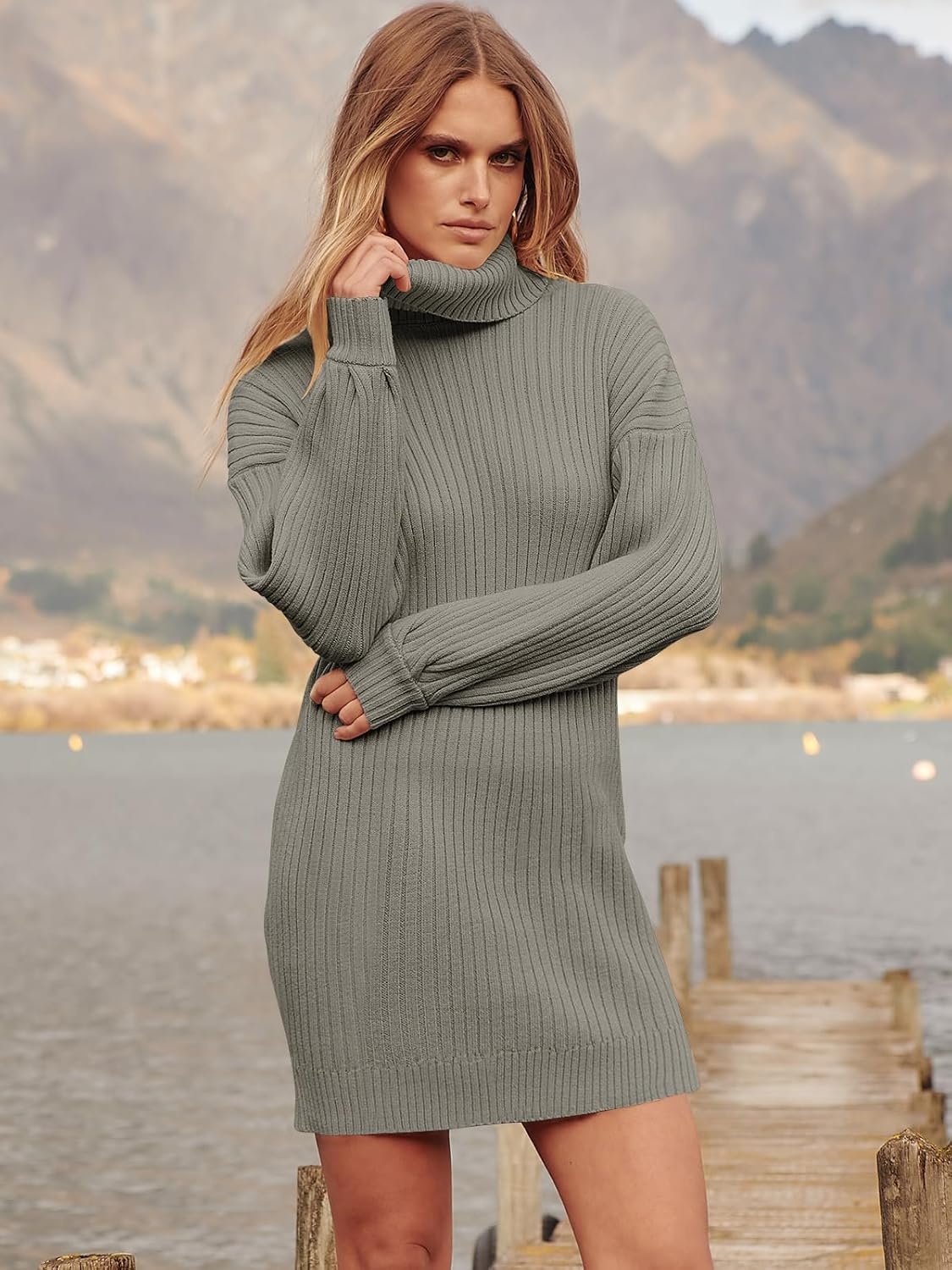 image:imageANRABESS Women Oversized Cowl Neck Fall Long Sleeve Sweater DressCoffee Gray