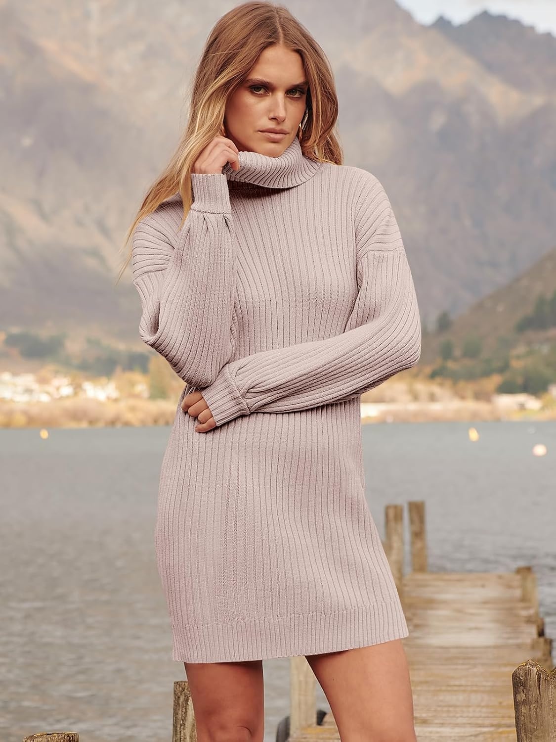 image:imageANRABESS Women Oversized Cowl Neck Fall Long Sleeve Sweater DressLight Pink