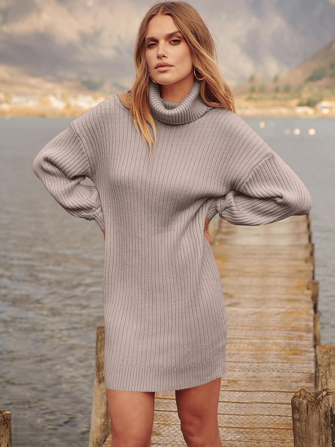 image:imageANRABESS Women Oversized Cowl Neck Fall Long Sleeve Sweater DressPink Apricot