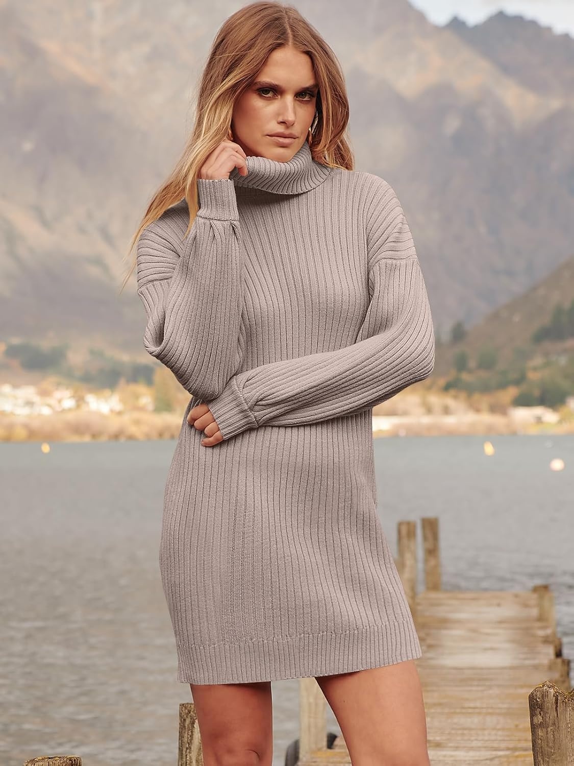 image:imageANRABESS Women Oversized Cowl Neck Fall Long Sleeve Sweater DressPink Apricot