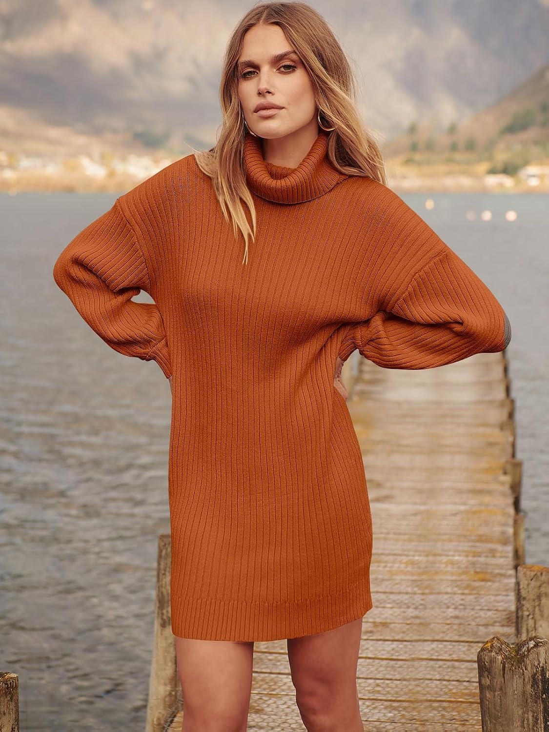 image:imageANRABESS Women Oversized Cowl Neck Fall Long Sleeve Sweater DressPumpkin