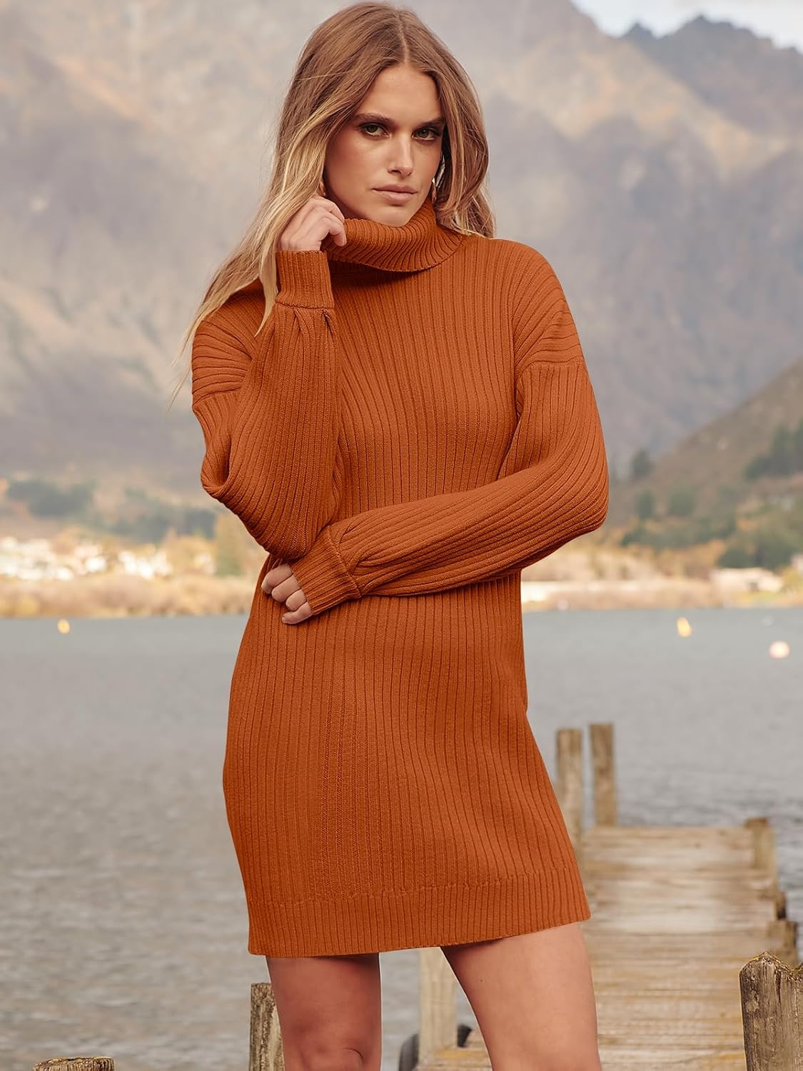 image:imageANRABESS Women Oversized Cowl Neck Fall Long Sleeve Sweater DressPumpkin