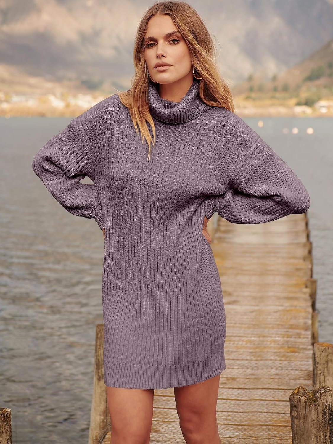 image:imageANRABESS Women Oversized Cowl Neck Fall Long Sleeve Sweater DressPurple