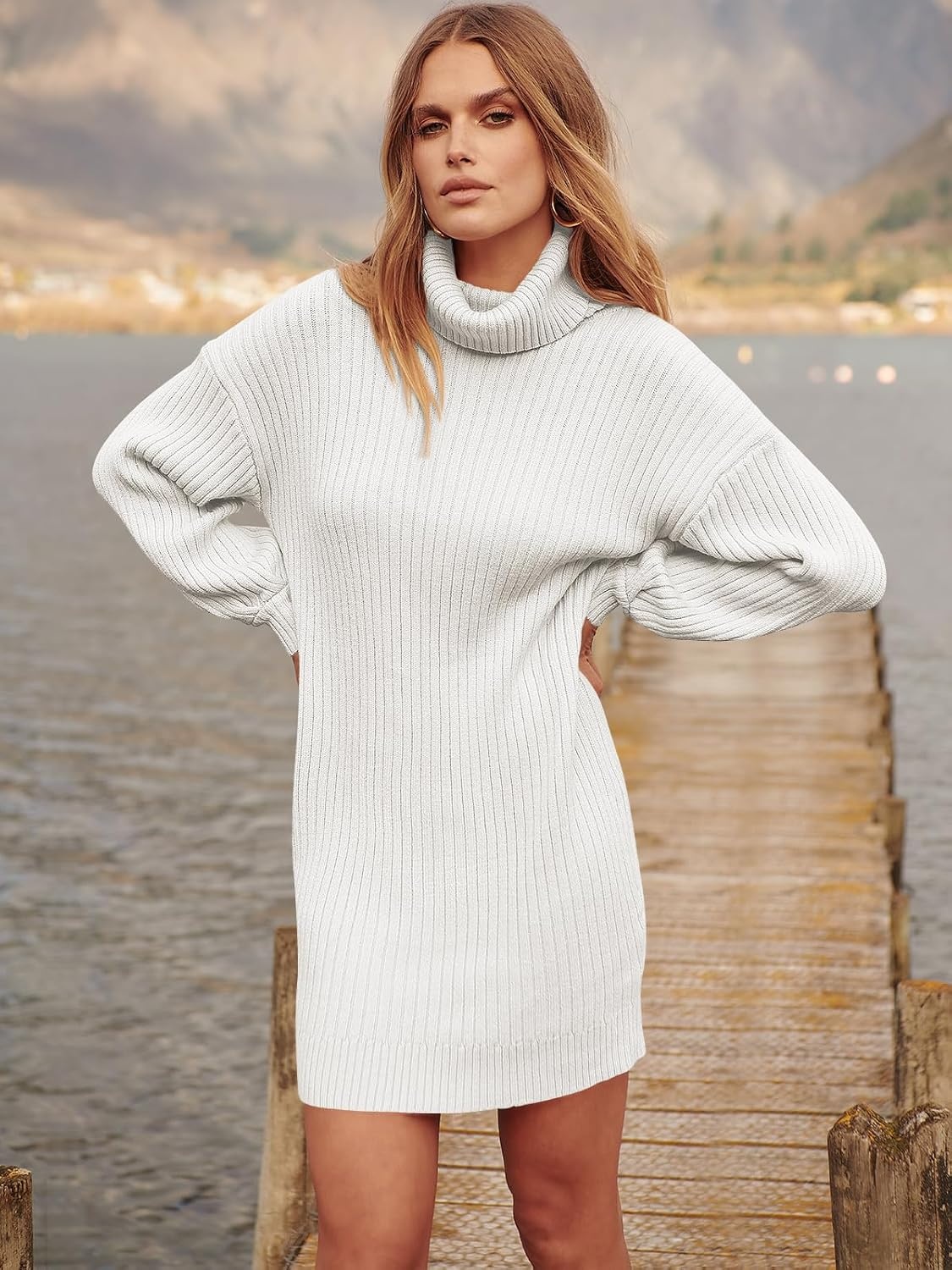 image:imageANRABESS Women Oversized Cowl Neck Fall Long Sleeve Sweater DressWhite