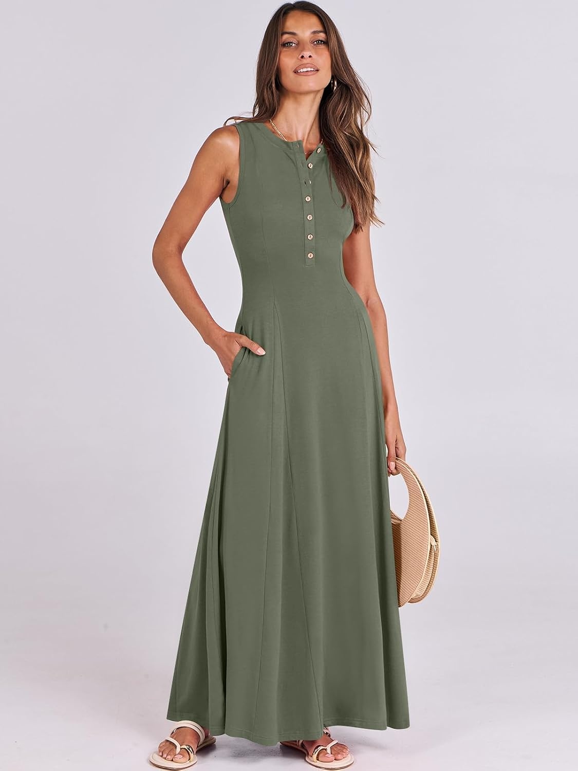 image:imageANRABESS Women Summer Casual Sleeveless Maxi Sundress Button Fit amp Flare ALine Flowy Long Dresses 2026 Beach OutfitsArmy Green