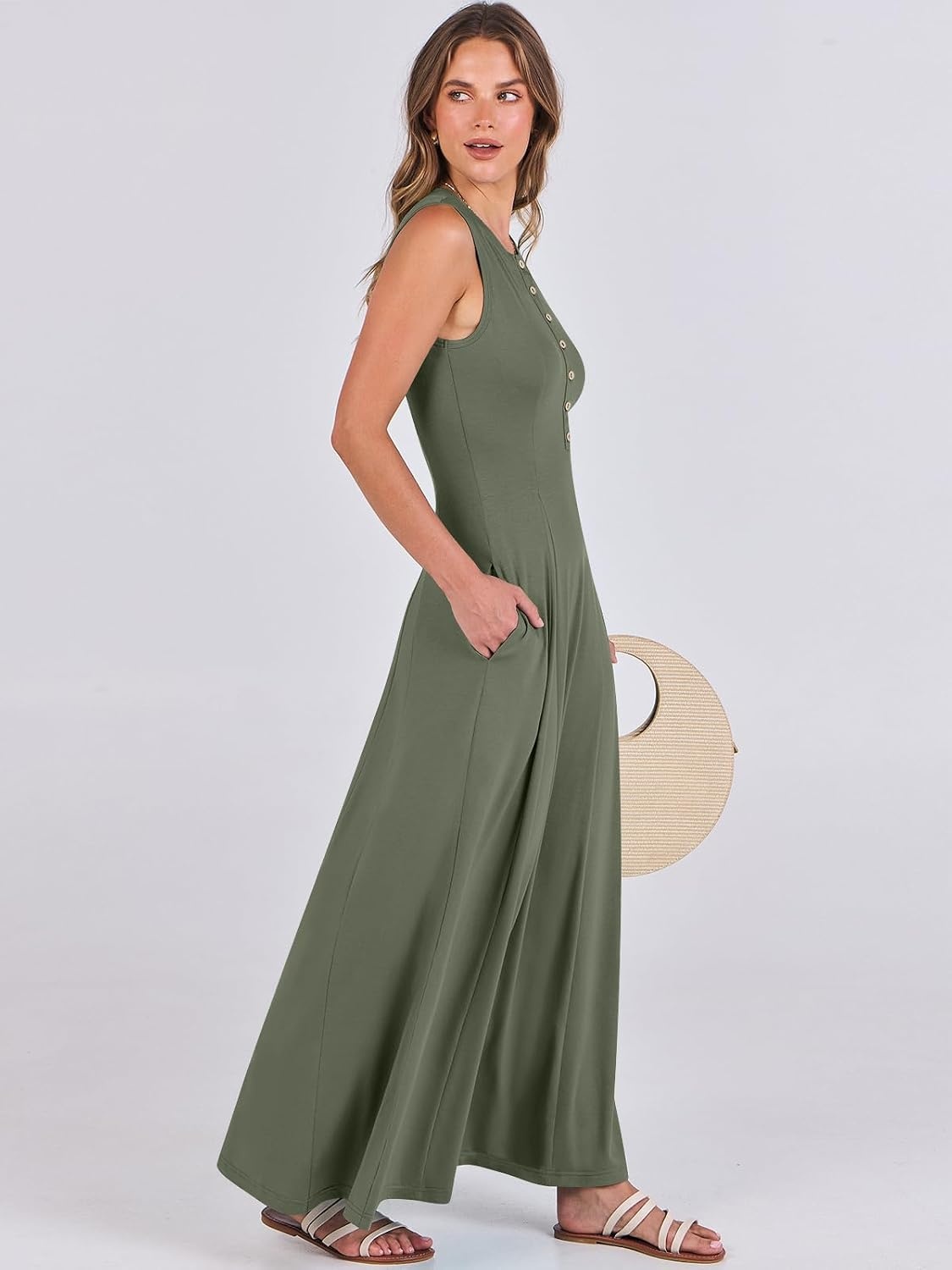 image:imageANRABESS Women Summer Casual Sleeveless Maxi Sundress Button Fit amp Flare ALine Flowy Long Dresses 2026 Beach OutfitsArmy Green