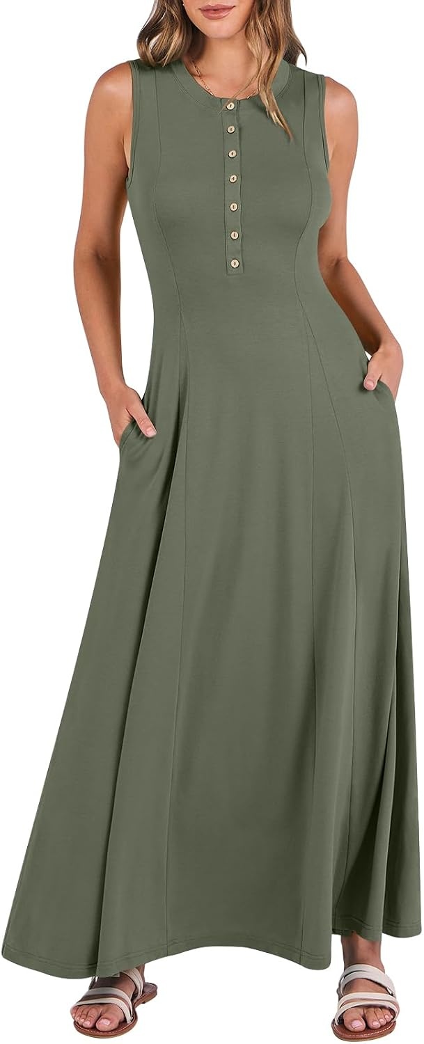 image:imageANRABESS Women Summer Casual Sleeveless Maxi Sundress Button Fit amp Flare ALine Flowy Long Dresses 2026 Beach OutfitsArmy Green